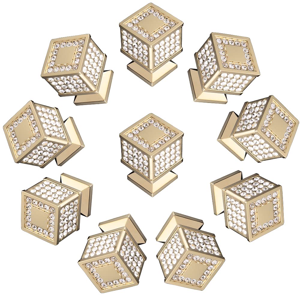LANCCrystal Cabinet Knobs and Pulls Drawer/Furniture Handles Included Screws All Metal Stylish Shiny Kitchen Hardware 10 Pack, Gold, B1002G-P10