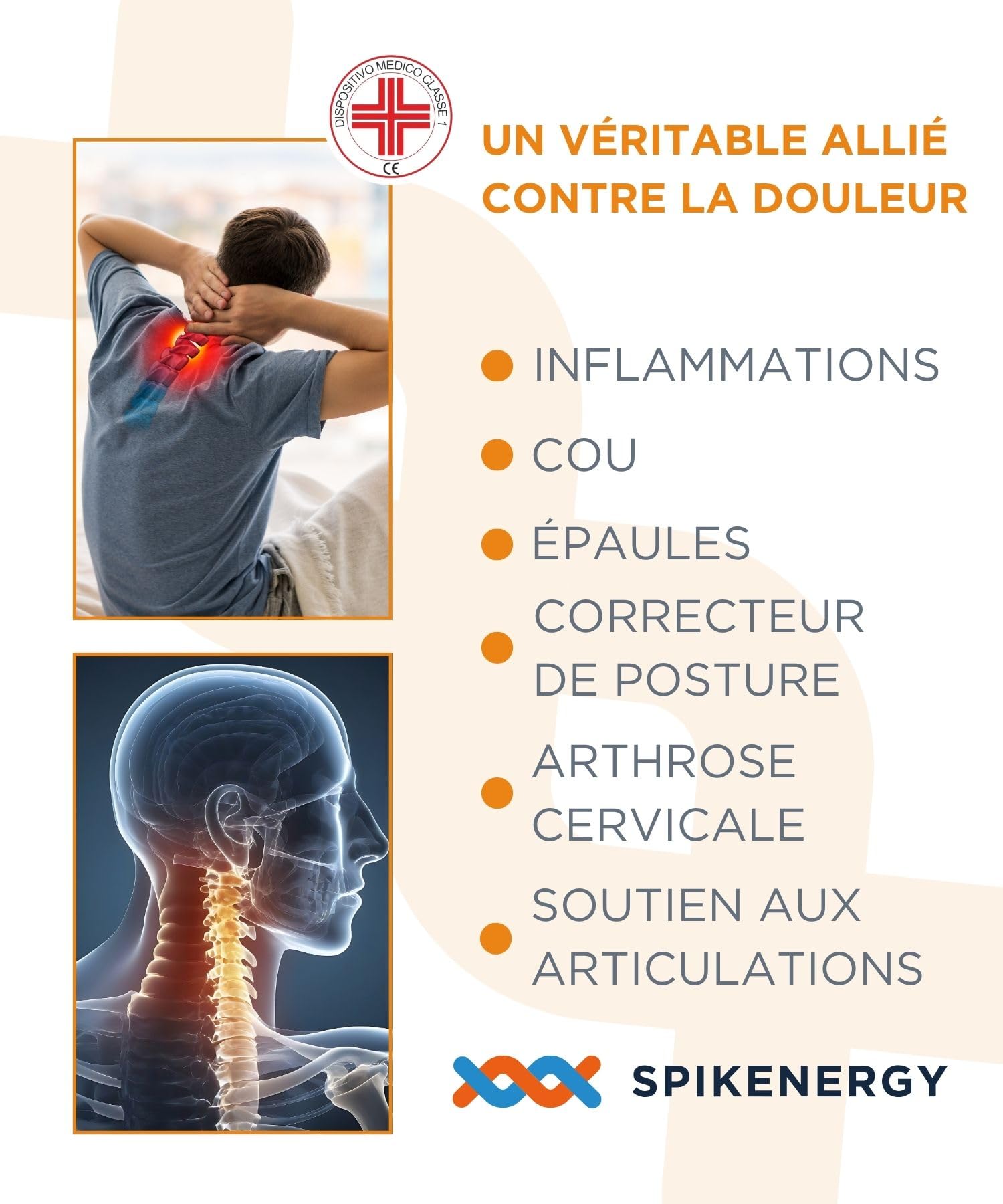 Spikenergy Correcteur de Posture Homme et Femme èlectromagnétothérapie- Epauliere Tendinite Epaule, Cervicale, 2chaussettes antifongiques gratuities, Dispositif Médical Déductible-Made in Italy