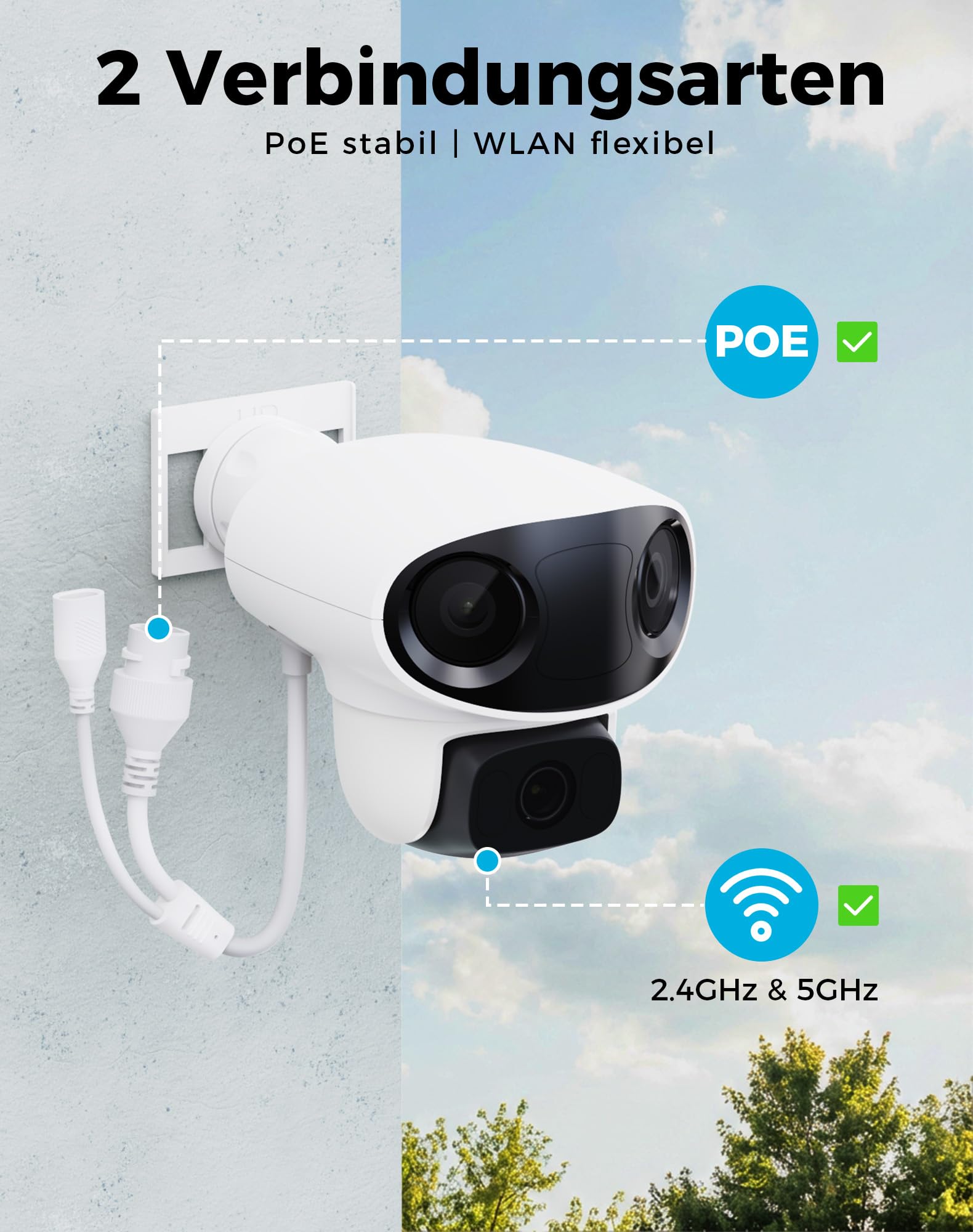 VIRTAVO TL1 WLAN Überwachungskamera Außen, 1080P Triple-Objektiv, 160° Panorama + 360° PTZ, Farb-Nachtsicht mit Starlight, KI-Personenerkennung, 2-Wege-Audio, IP66, Ohne ABO-Pflicht