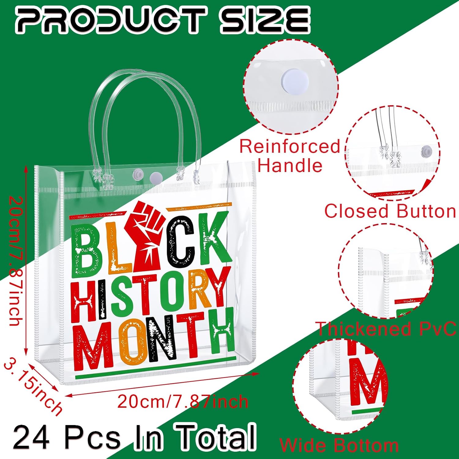 Sweetude 24 Pcs Black History Month Gift Bags Bulk Red Black Green Clear PVC Goodie Bags with Handles 7.87 x 3.1 x 7.87 Inch Reusable African PVC Gift Wrap Sack for Party Decoration Supplies - Image 2