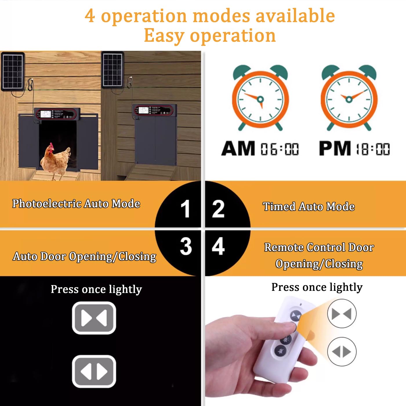Puerta automática de gallinero con energía solar, temporizador, sensor de luz, control remoto y manual, respaldo USB, antipellizcos, diseño resistente a la intemperie