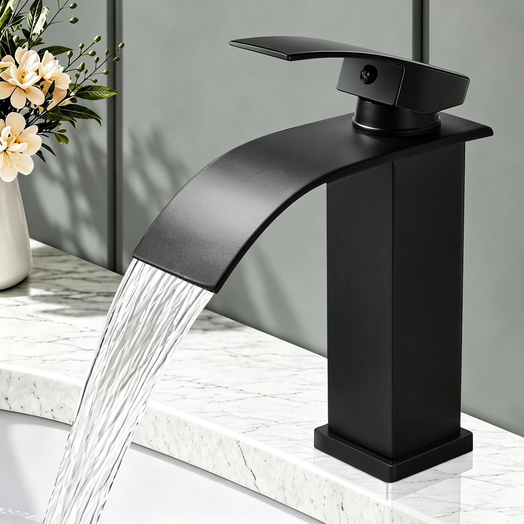 HOMELODY Wasserhahn Bad Schwarz, Bleifreie Wasserfall Waschtischarmatur Bad