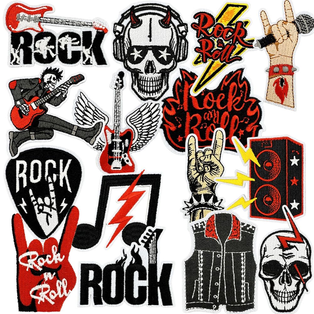 15 Stück Rock Punk Band zum Aufbügeln oder Aufnähen Patch Cartoon Black Music Stickerei Aufnäher Flicken Bügelbilder Aufnäher Patches für Kleidung Rucksäcke DIY Jacke Taschen Hosen Hüte Jeans