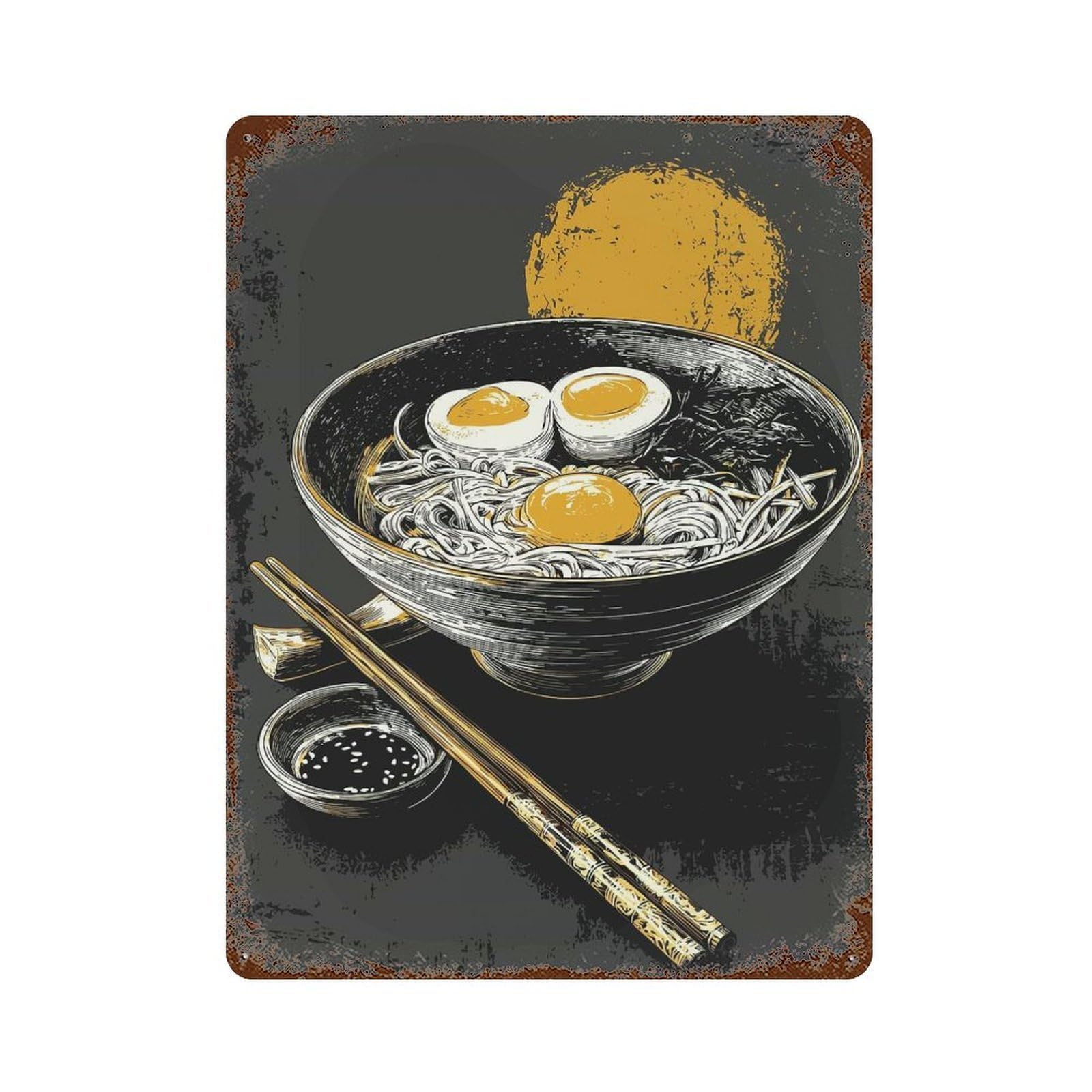 Ramen Bowl with Eggs And Chopsticks Aged Metal Wall Plaque 15.7"x11.8", Farmhouse Wall Decor for Patio, Garden Room And Bar Decor