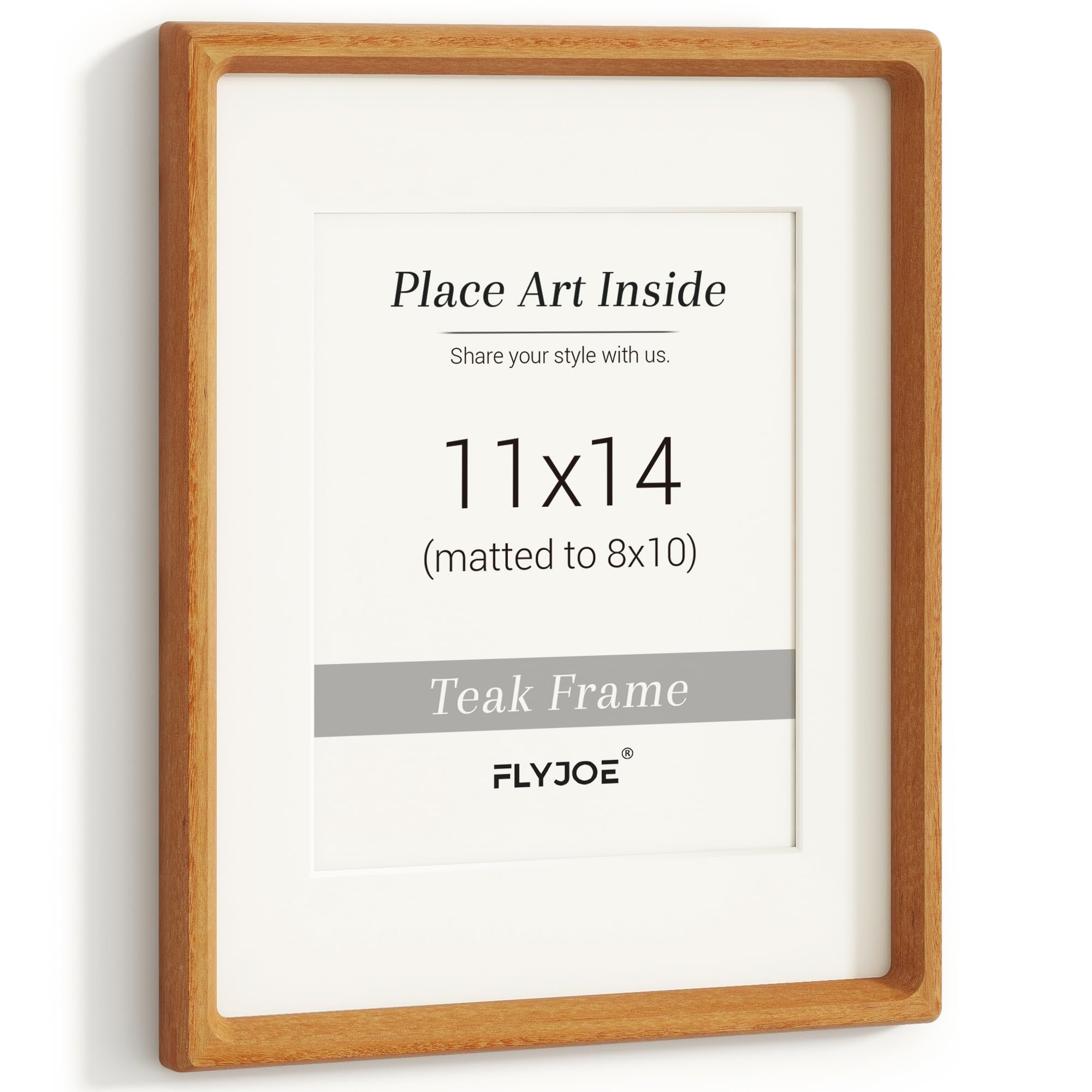 11x14 Picture Frame, USA-Sourced Natural Teak Wood Photo Frame with Tempered Glass, Handcrafted Rounded Corner 11 x 14 Wooden Frame Matted to 8x10 Photos, Hanging Hooks Included