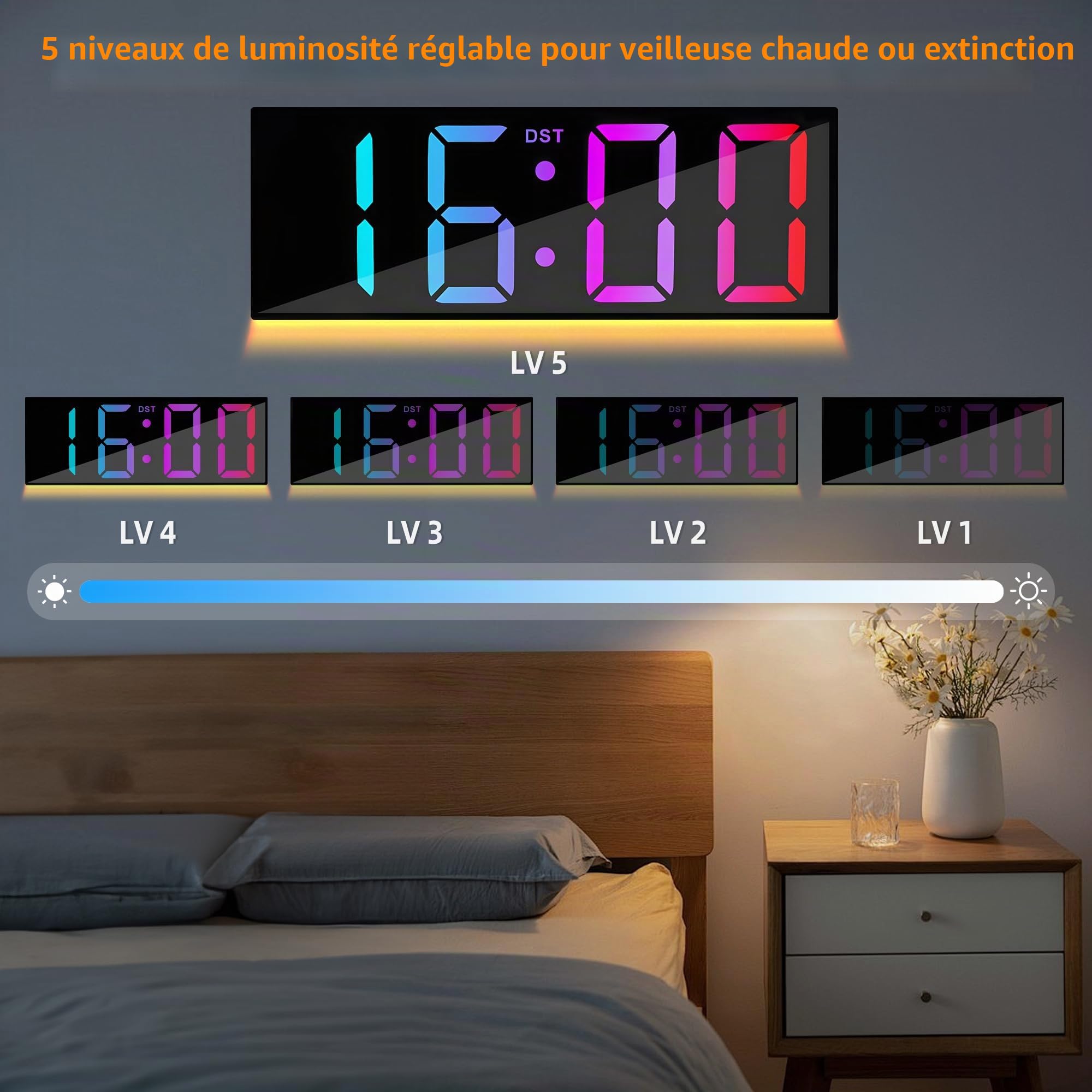 Maxstar12''Grande horloge murale numérique avec télécommande,grand écran d'écran LED,8RVB,DST,décor de bureau de lumière de nuit moderne pour le salon,chambre,bureau,salle de classe,salle d'étude-noir