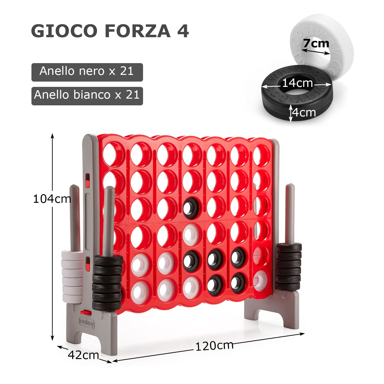 COSTWAY Forza 4 Gigante da Interno ed Esterno, Forza Quattro per Bambini e Adulti con 42 Anelli Giganti e Dispositivo di Scorrimento a Sgancio Rapido, Perfetto per Feste e Vacanze
