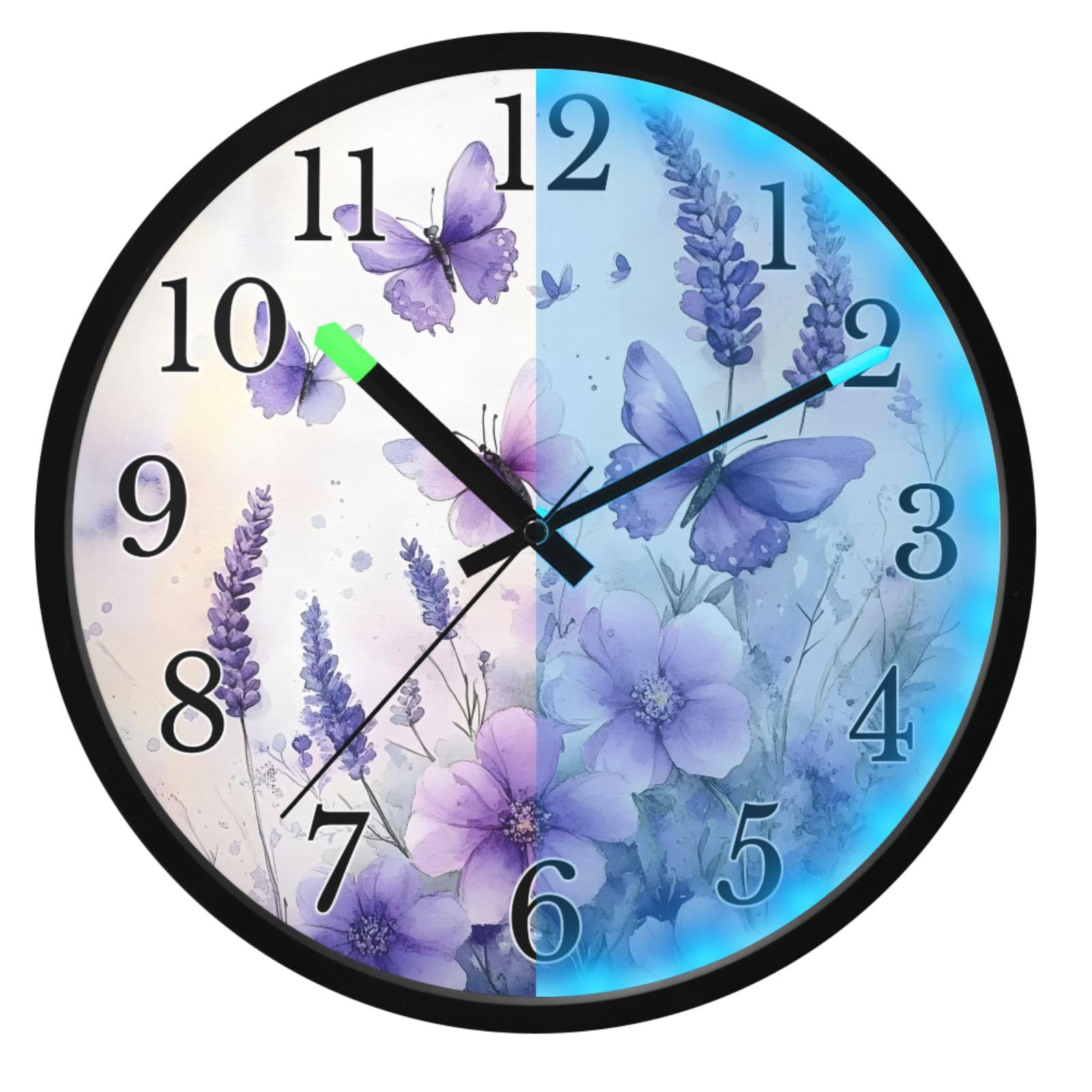 Mnsruu Reloj de pared luminoso con diseño de flores y mariposas, funciona con pilas, silencioso, brilla en la oscuridad, para sala de estar, cocina, 12 pulgadas