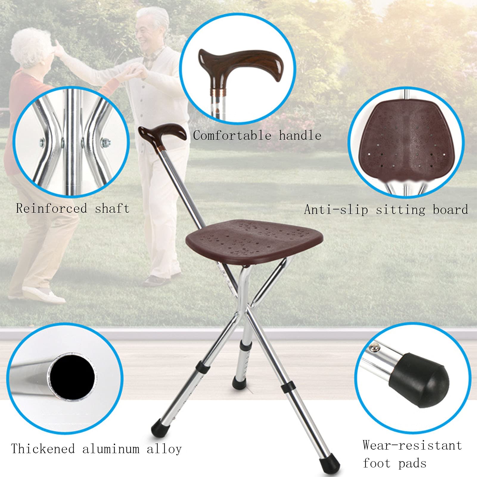 Sedile pieghevole per bastone da passeggio, sedia in canna di alluminio regolabile in altezza, sgabello con stampella massaggiante, sedili in canna a 3 gambe, bastone da passeggio altamente regolabi