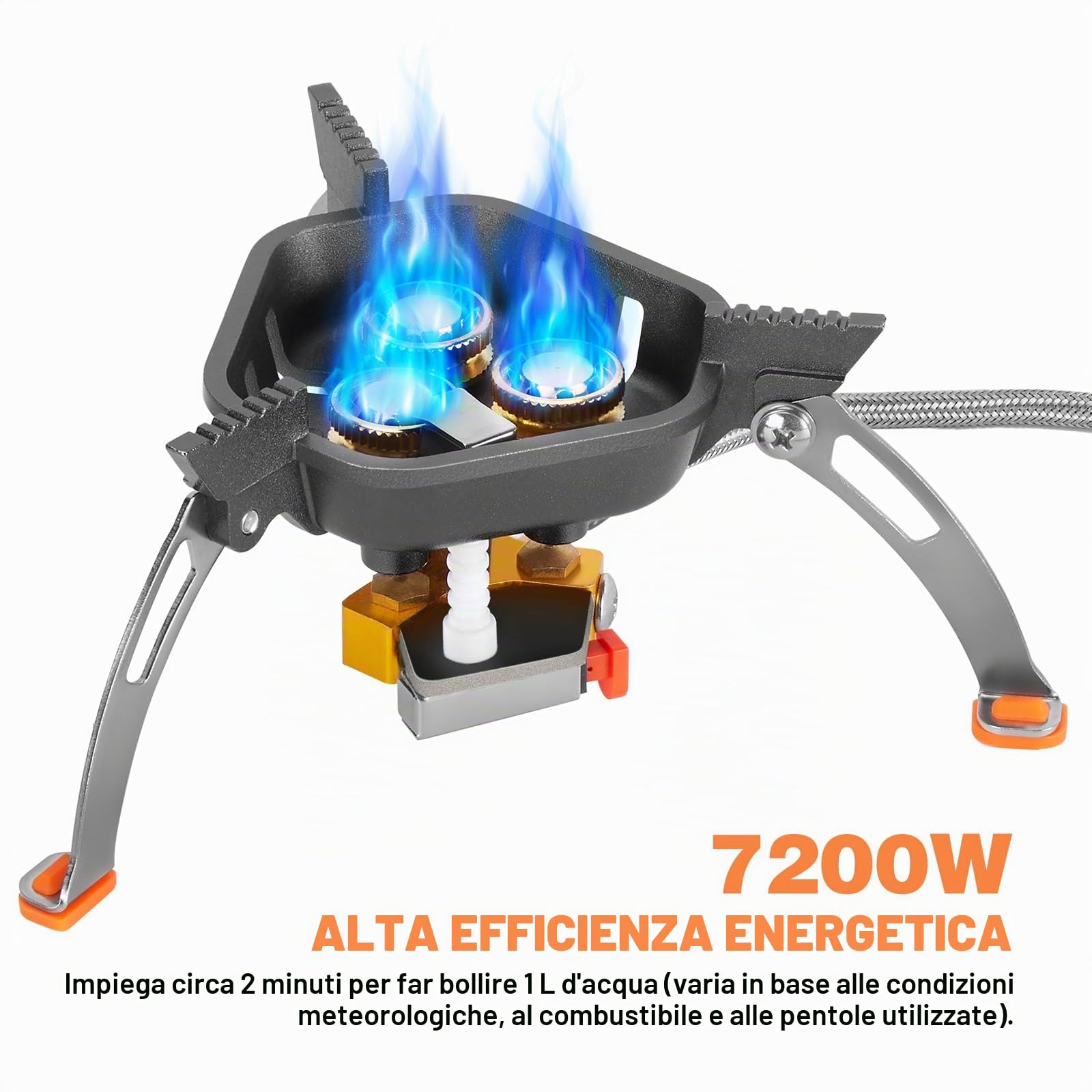 WADEO Fornello da Campeggio Pieghevole Antivento, [7200w] [Base Ultra Stabile] Fornello a Gas Portatile con Accensione Piezoelettrica e Adattatore Butano, per Trekking, Picnic, Outdoor
