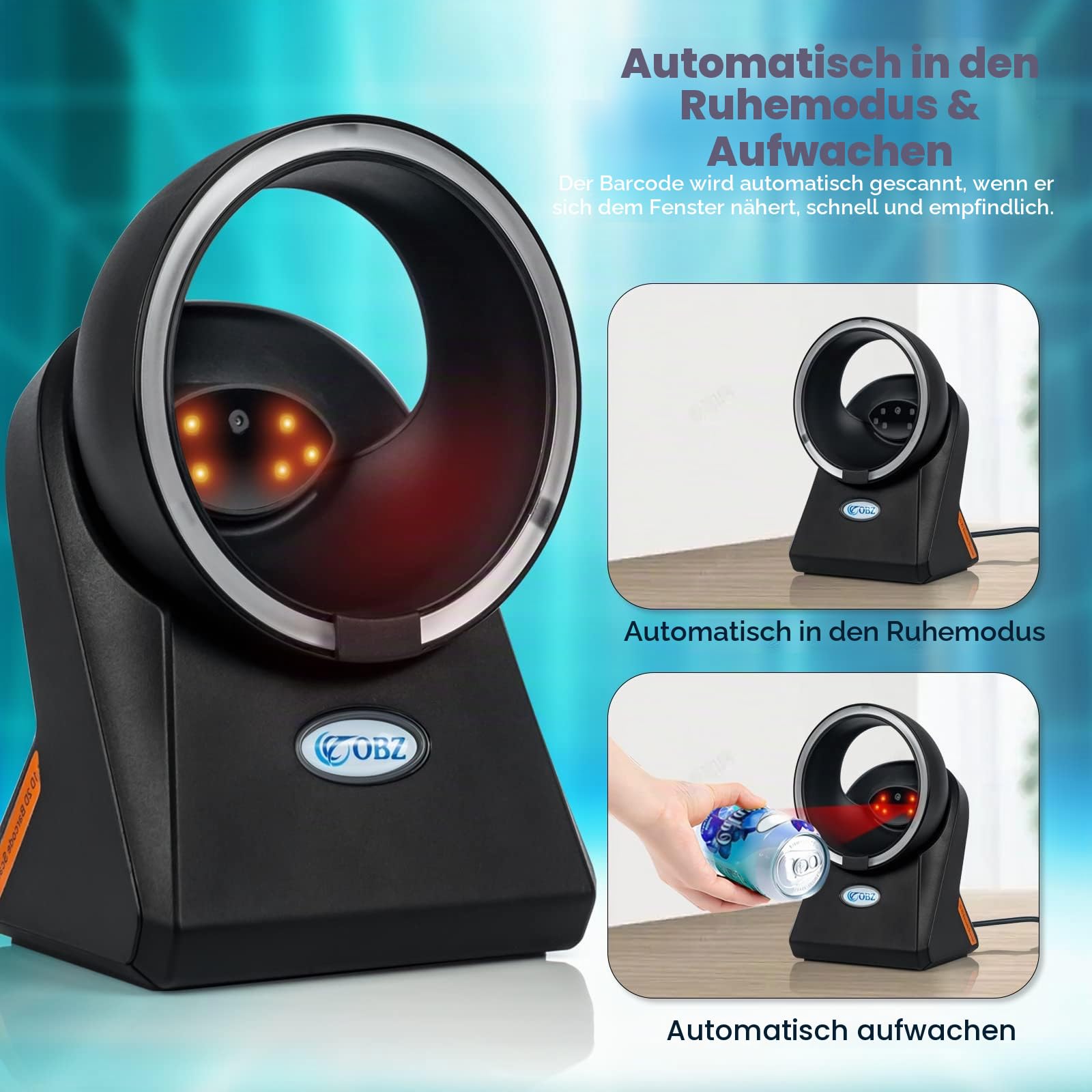 OBZ 1D QR 2D Desktop Barcode Scanner, QR Code Scanner USB Handsfree Barcode-Scanner Automatischer Bildsensierung Barcodescanner für POS PC Supermarkt Bibliothek Laden