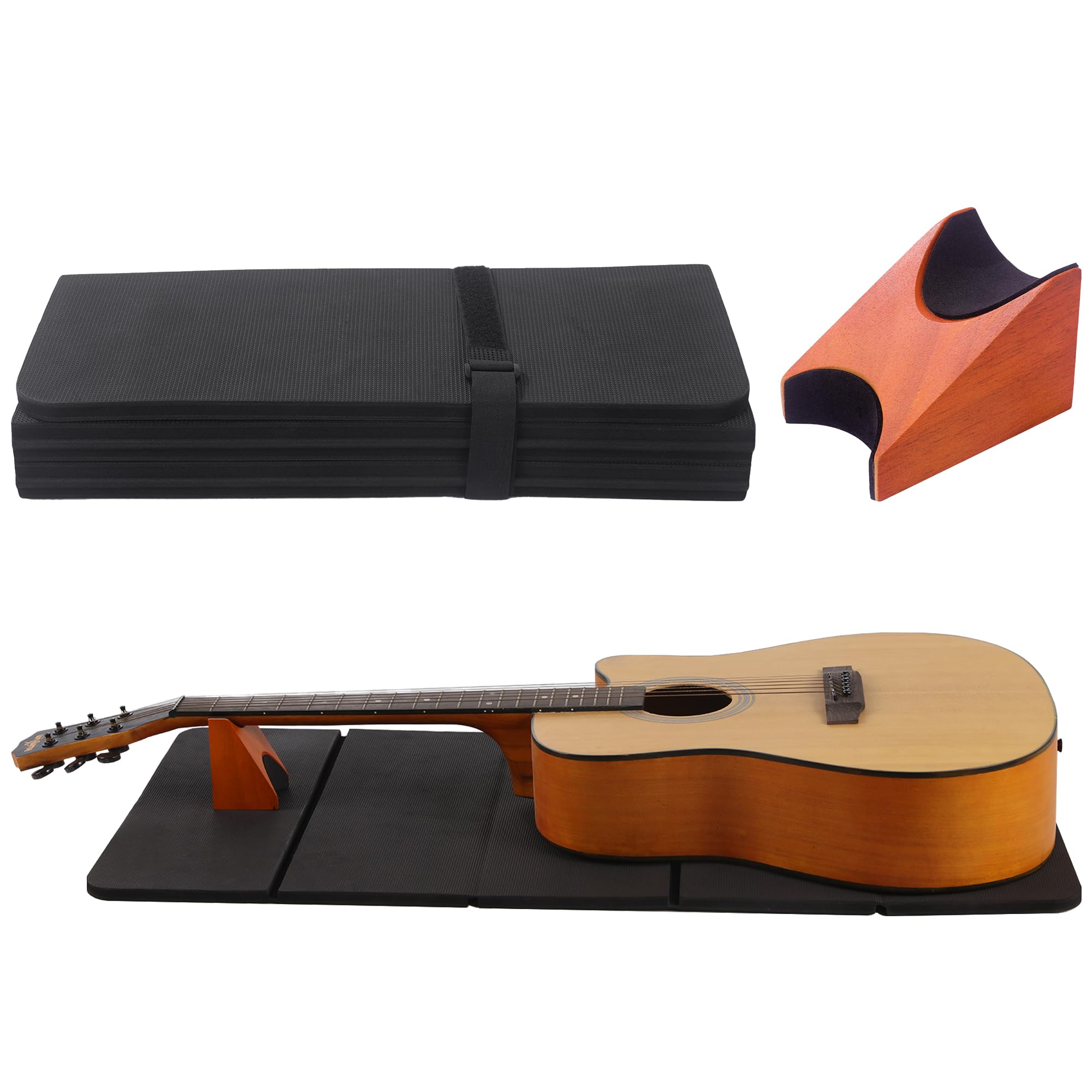 MABOZOO Foldable Guitar Work Mat and Wooden Neck Rest, 0.5 Inch Thick Guitar Repair Mat and Support for Repair, Repair and Maintenance Kit Tool for Guitar Bass, Acoustic, Banjo Mandolin Ukulele