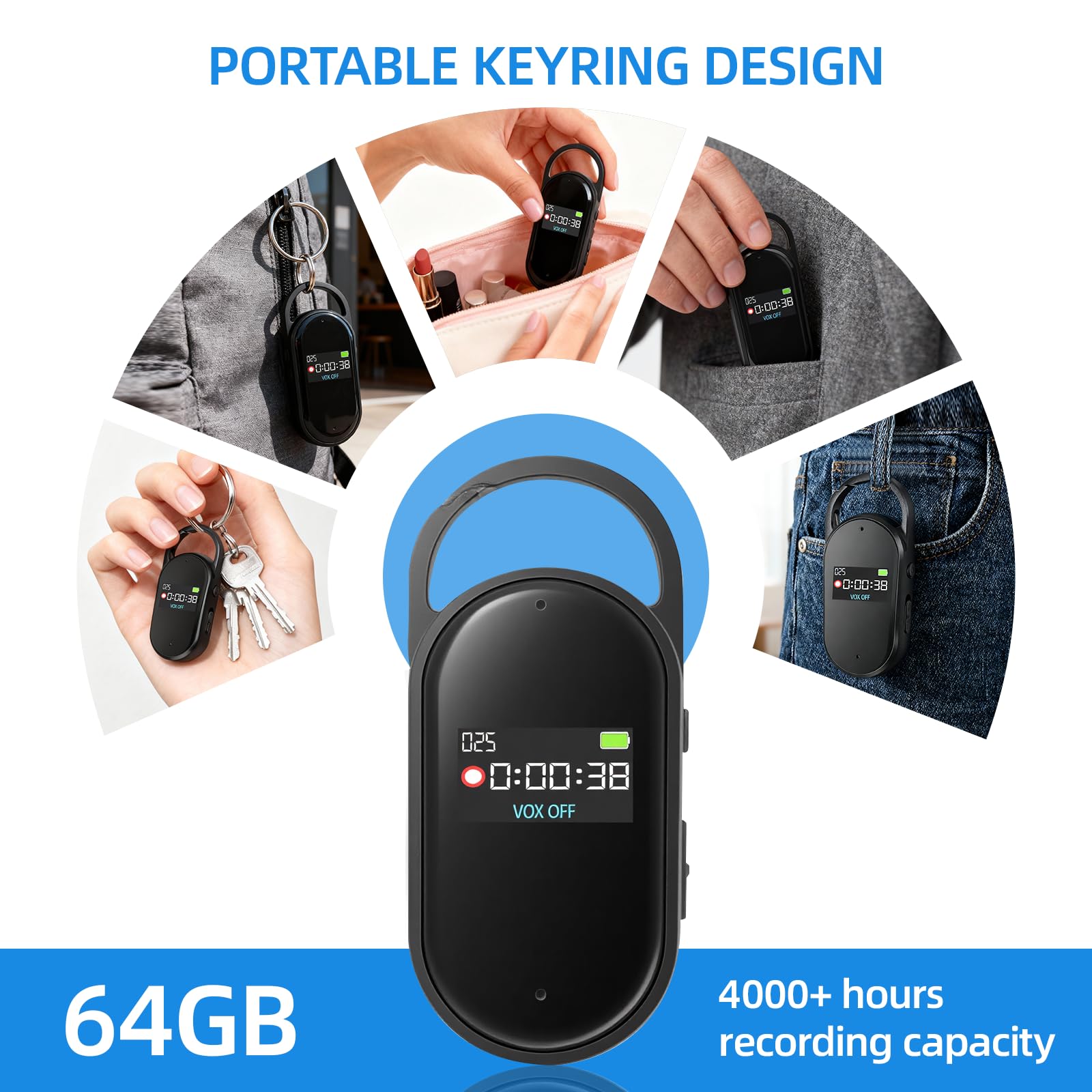 64GB Grabadora de Voz - Portátil Mini Grabador de Audio Digital Profesional con Activación por Voz y MP3, Diseño en Llavero, AGC Reducción de Ruido, Clases, Reuniones, S29 (Black)