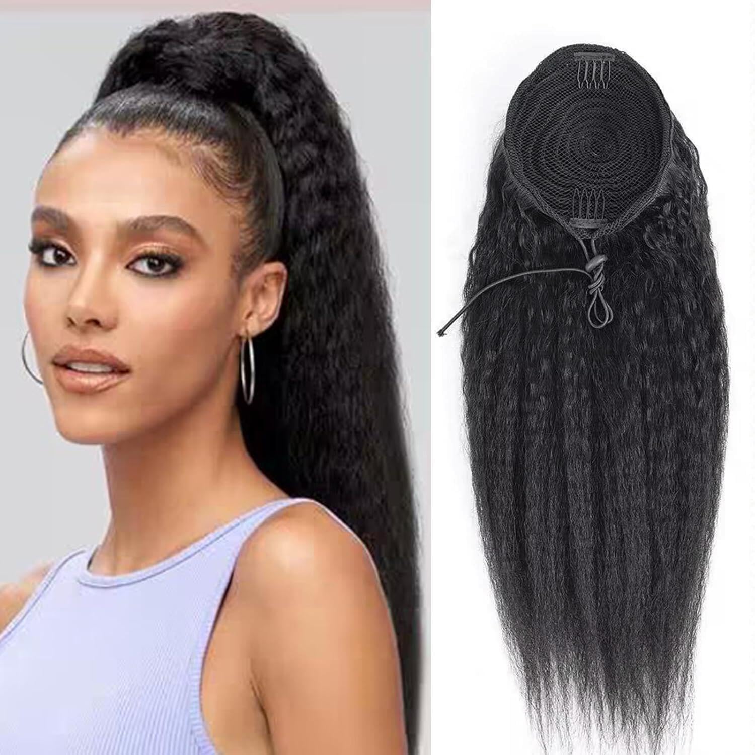 Datanala Kinky Straight Ponytail Extensions Human Hair Drawstring Ponytail Extension Brazilian Remy Kinky Straight Human Hair Ponytail Clip in Hair Extensions Nature Black Color (20Inch)