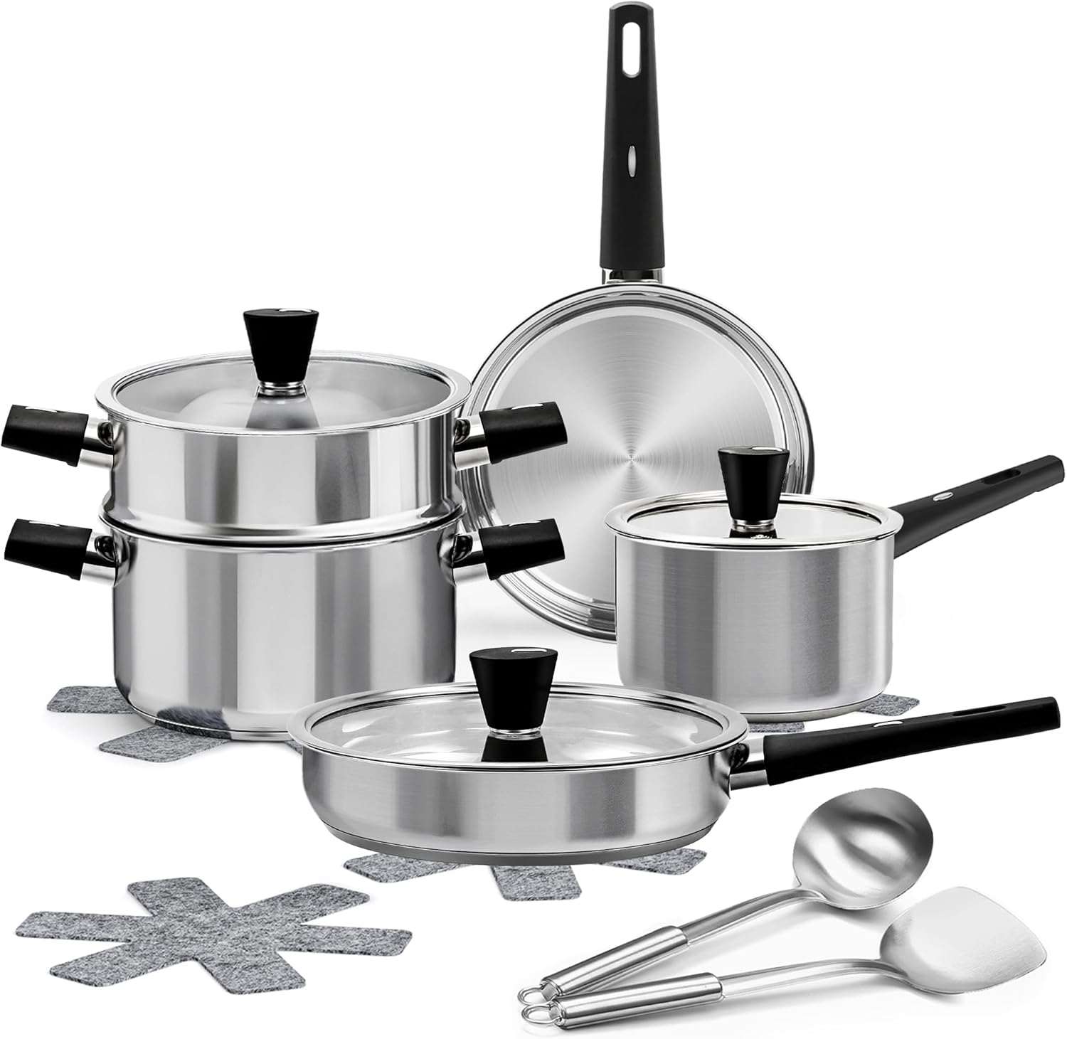 Meythway 14-Piece Stainless Steel Cookware Set for Induction Stovetops – Non-Toxic Pots & Pans with Stay-Cool Handles, Glass Lids, Steamer, Pot Mats & Utensils – Dishwasher Safe Kitchen Cookware Meythway 14-Piece Stainless Steel Cookware Set for Induction Stovetops – Non-Toxic Pots & Pans with Stay-Cool Handles, Glass Lids, Steamer, Pot Mats & Utensils – Dishwasher Safe Kitchen Cookware