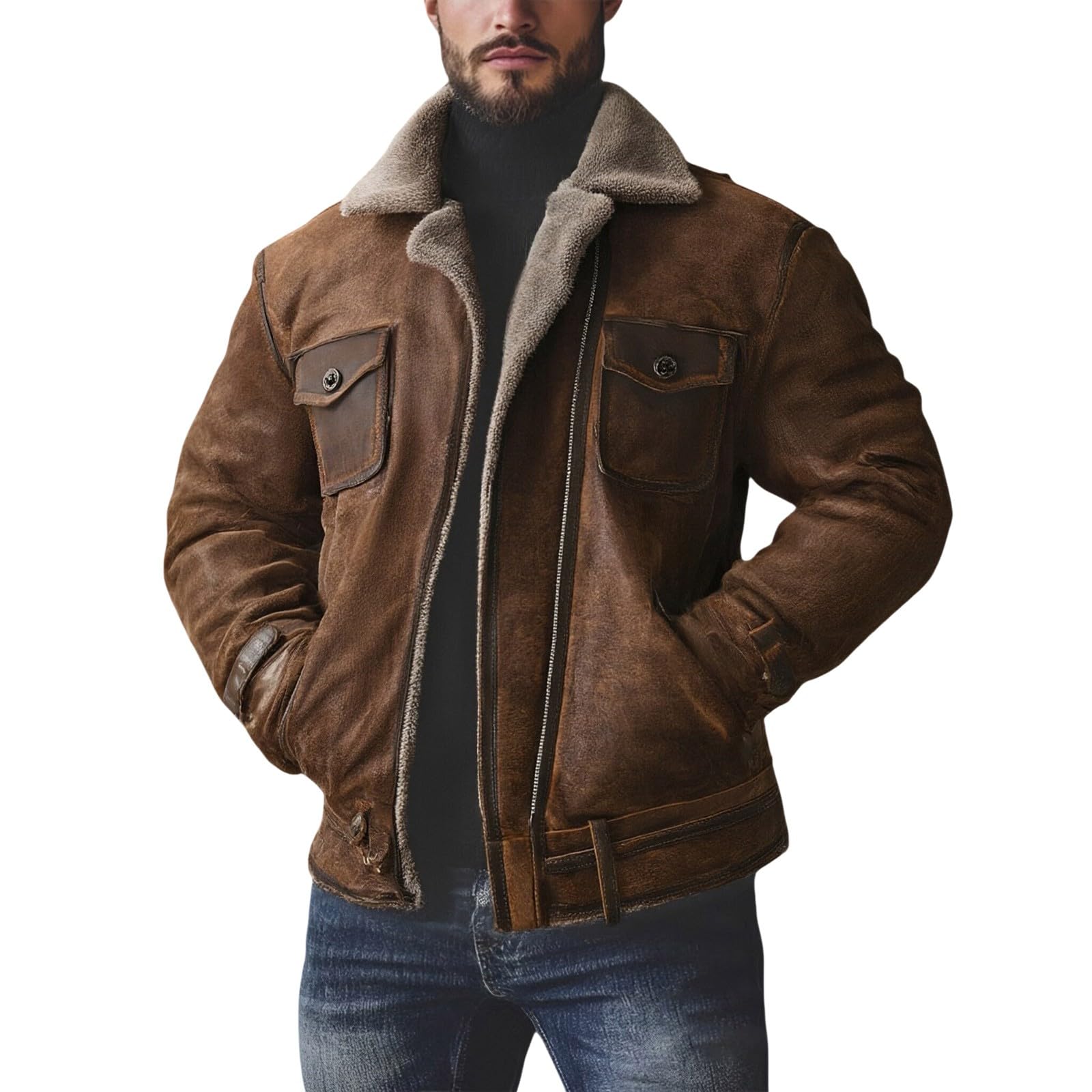 Giacca da camionista da uomo vintage in shearling con colletto in pile