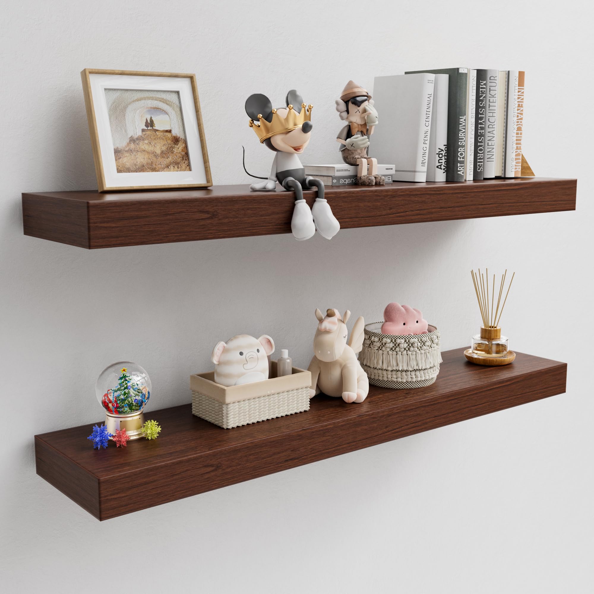 (SIMILAR)36 Inch Walnut Floating Shelves, 8 Inch Deep Floating Shelves Wall Mounted, Thick Wooden Shelf with 50LB Load-Bearing for Living Room Kitchen Bedroom Laundry Room