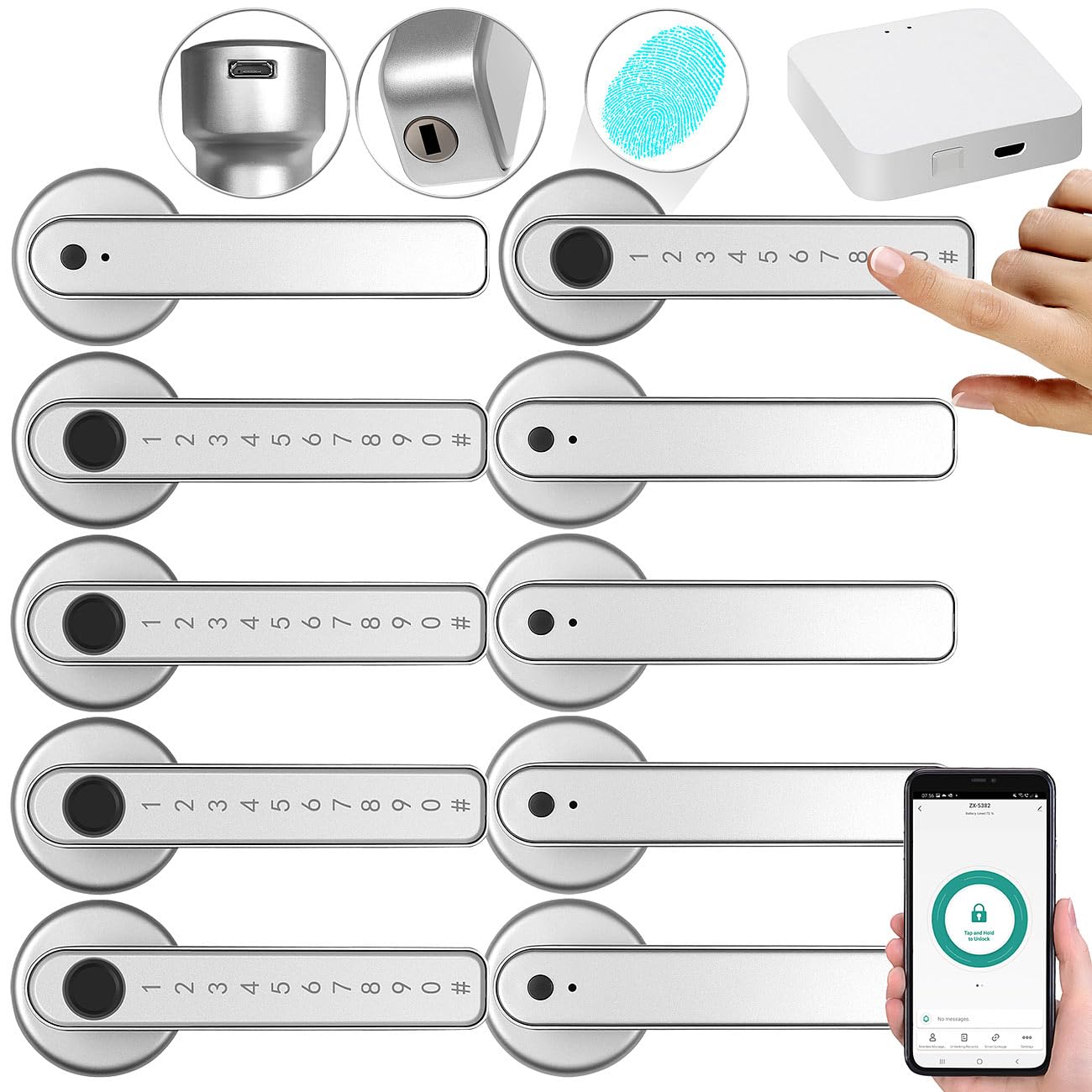 VisorTech ferramenta porte: 5-set Serrature di sicurezza per porte, TSZ-800.V2, argento, Scanner per impronte digitali, inserimento PIN (apriporta esterno con impronta digitale)