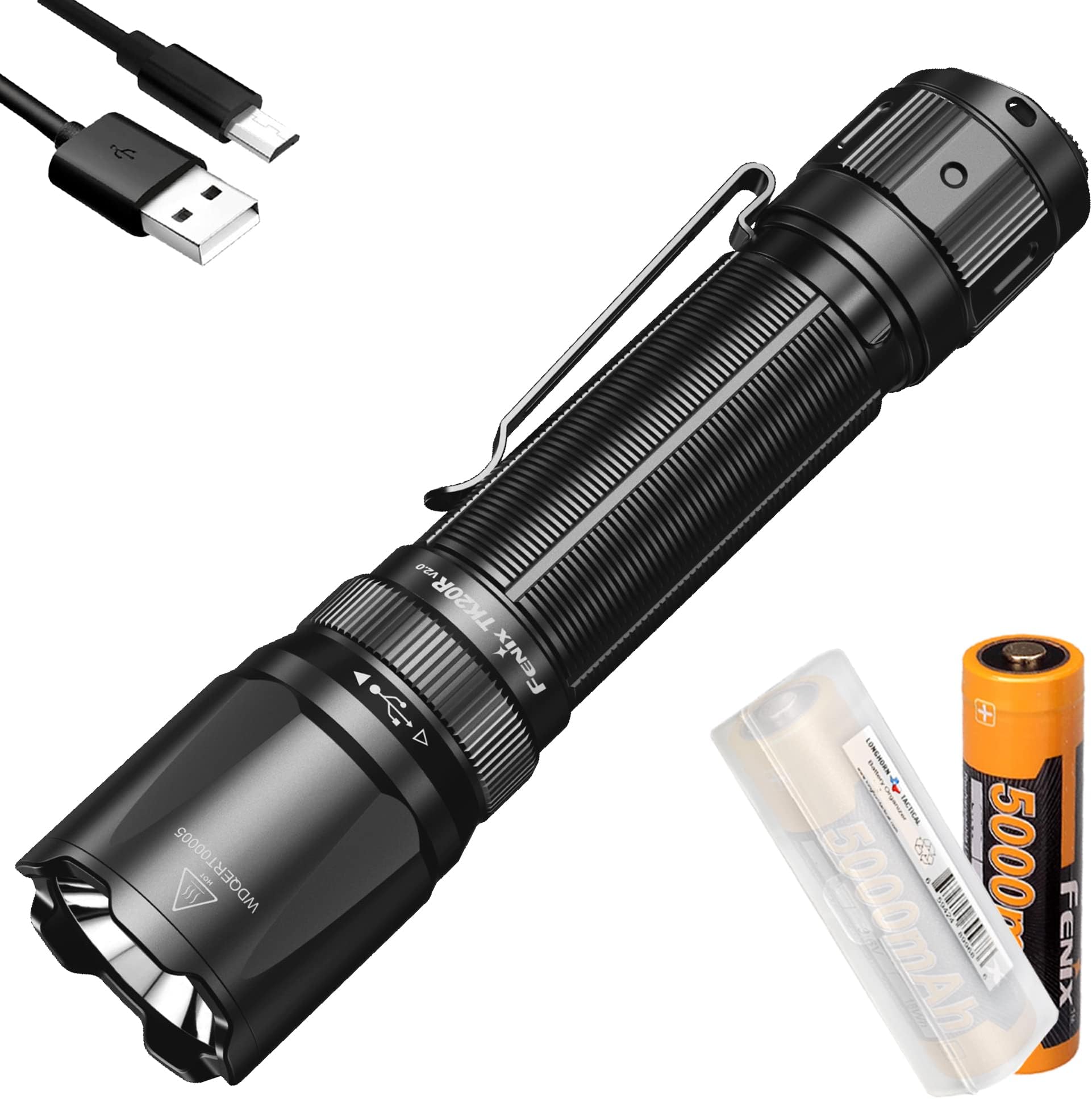 TK20R v2.0 3000 Lumen Rechargeable Tactical Flashlight, Long Throw with Two ARB-L21-5000 and LumenTac Organizer