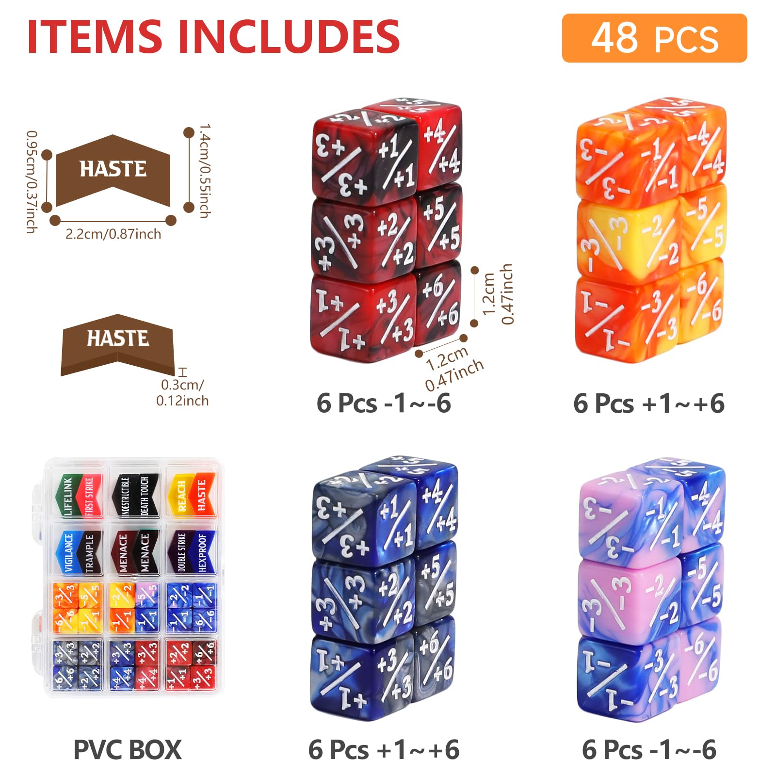 SIXPONTS Lot de 48 dés MTG de 12 mm – 1/+1 dés de compteur de vie et jetons de compteur de mots clés MTG compatibles avec Magic The Gathering, TCG, accessoires de jeux de cartes (dés # B et compteurs
