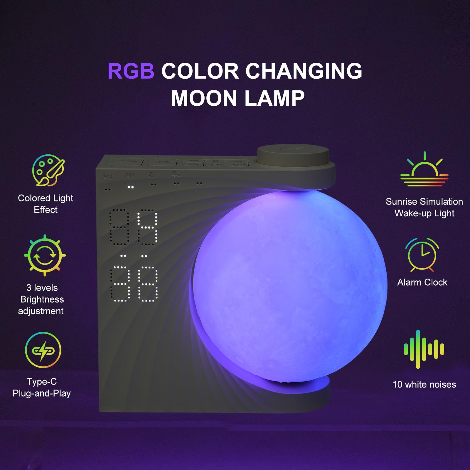 Neoglint Veilleuse lune RVB à changement de couleur, double réveil avec répétition, lumière de réveil, machine à bruit blanc pour le sommeil, lampe de chevet à intensité variable, réglage de la