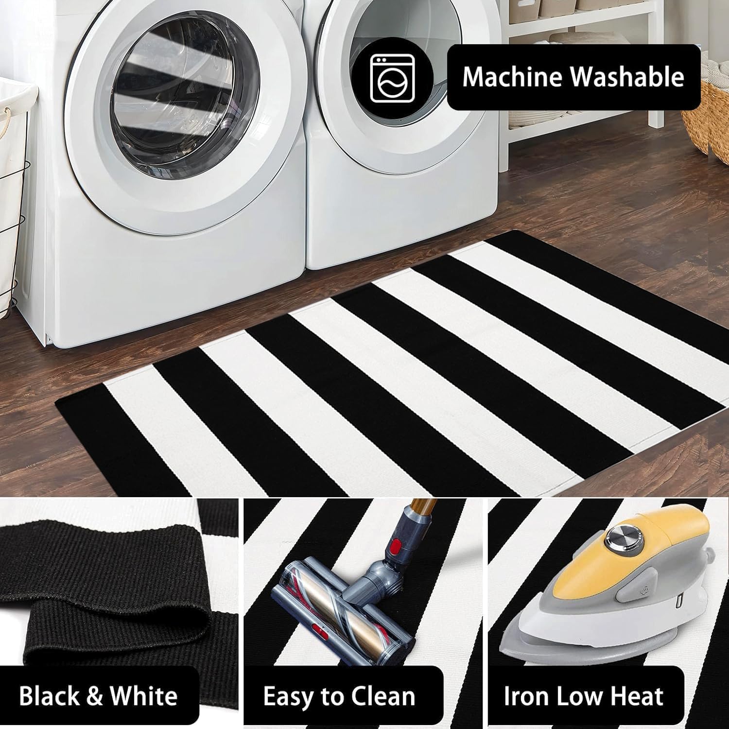 Black and White Striped Outdoor Rug3'x5'Front Porch Rug,Cotton Woven Machine Washable Indoor/Outdoor Small Area Rugs, Layering Rug Door Mats for Front Porch/Entryway/Front Door Decor