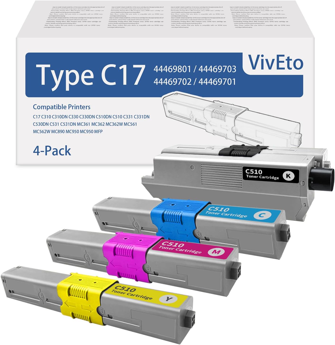 4-Pack Toner Cartridges For OKI C330, C510, MC362W & More - Black, Cyan, Magenta, Yellow