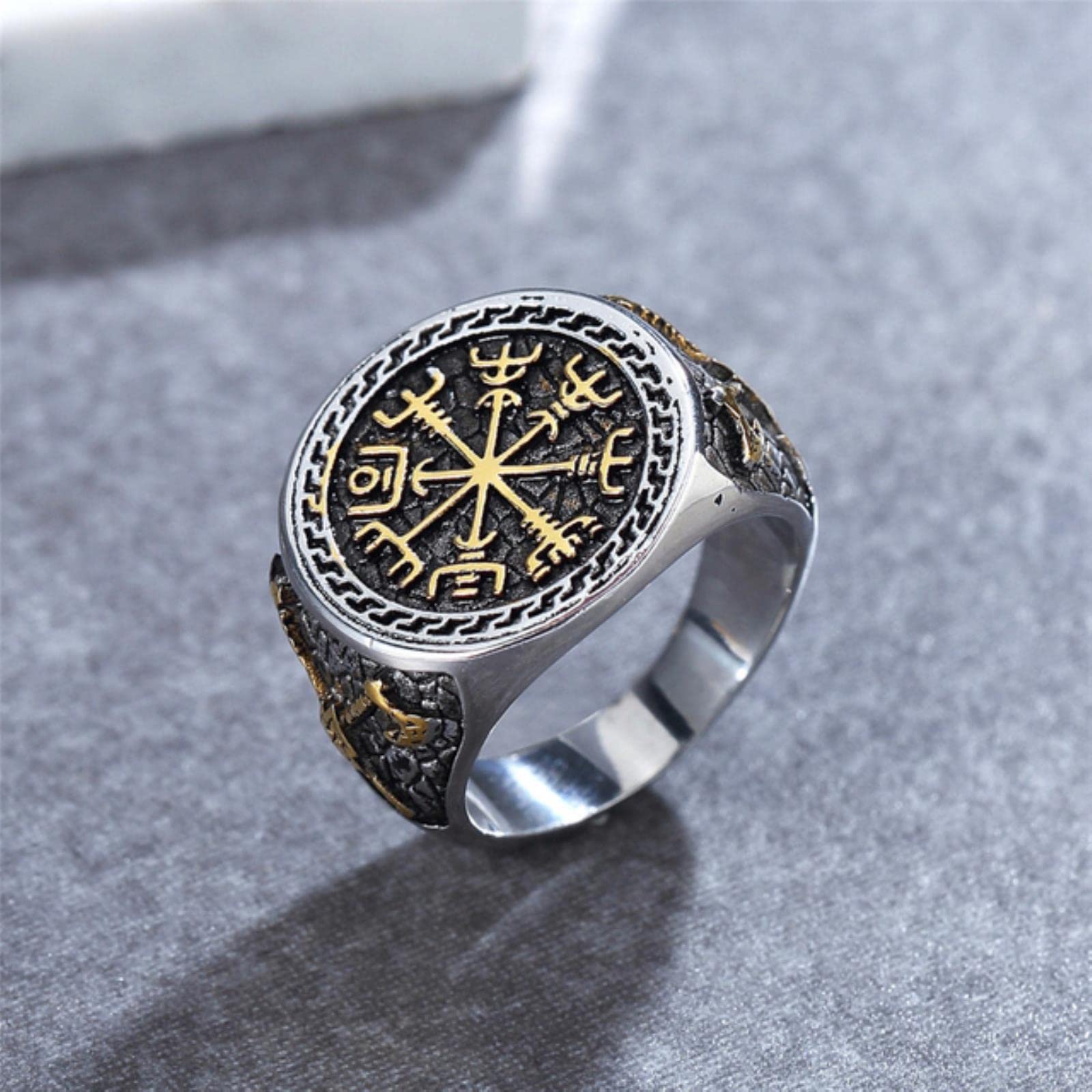 Xjruixi Men's D China Vintage Viking Aegishjalmur Ring Stainless Steel Nordic Pattern Compass Vegvisir Rings For Amulet Pattern Jewelry Gift