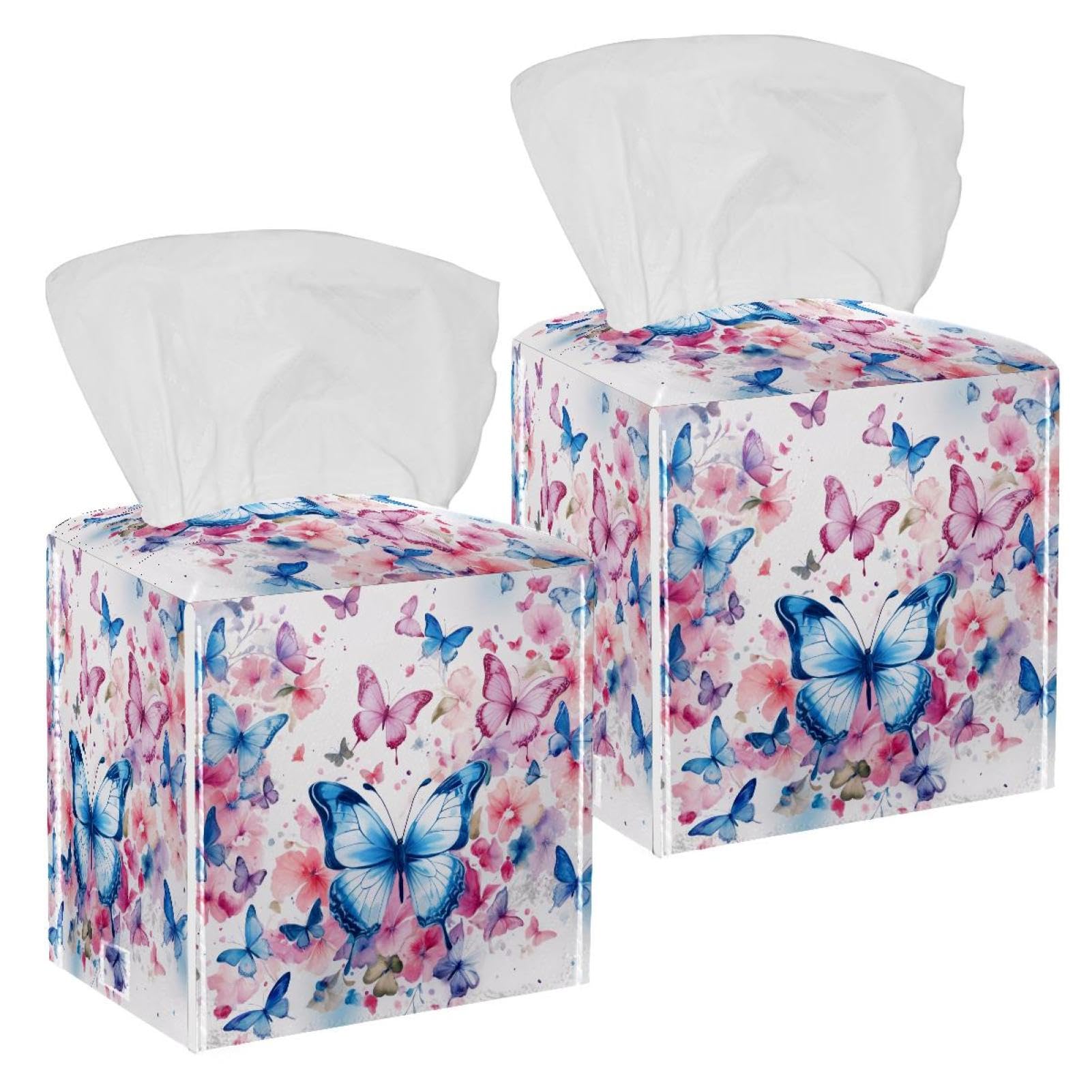 Watercolor Butterfly Tissue Box Cover, 2 Pack PU Leather Square Facial Tissue Dispenser Box holder for Home Office Car