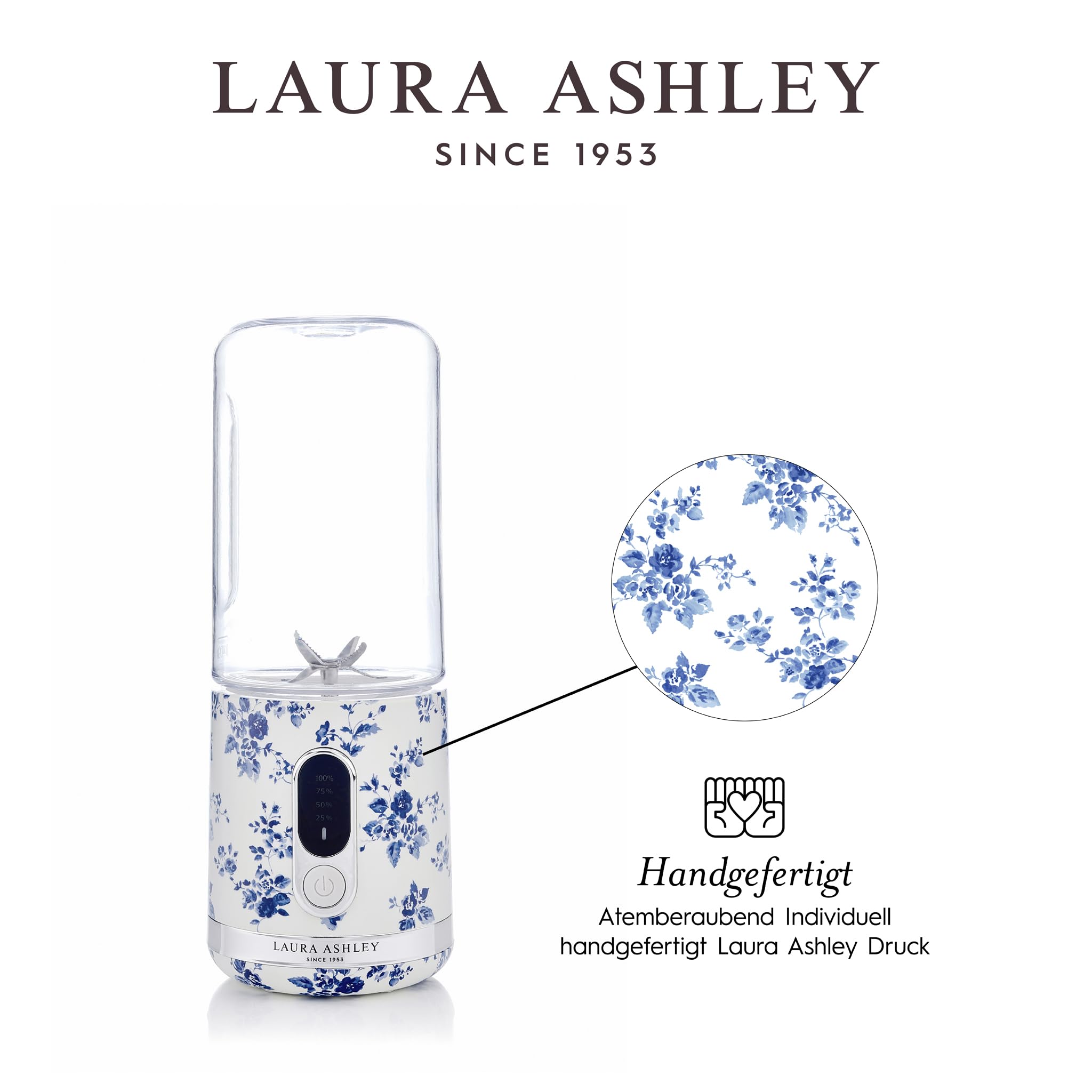 Laura Ashley Portable Blender Smoothie Maker to Go mit China Rose Design und 450 ml Flasche von VQ – USB Aufladbarer, Leistungsstark, und Kompakter Smoothie Mixer, Perfekt für Küche, Sport, und Reisen