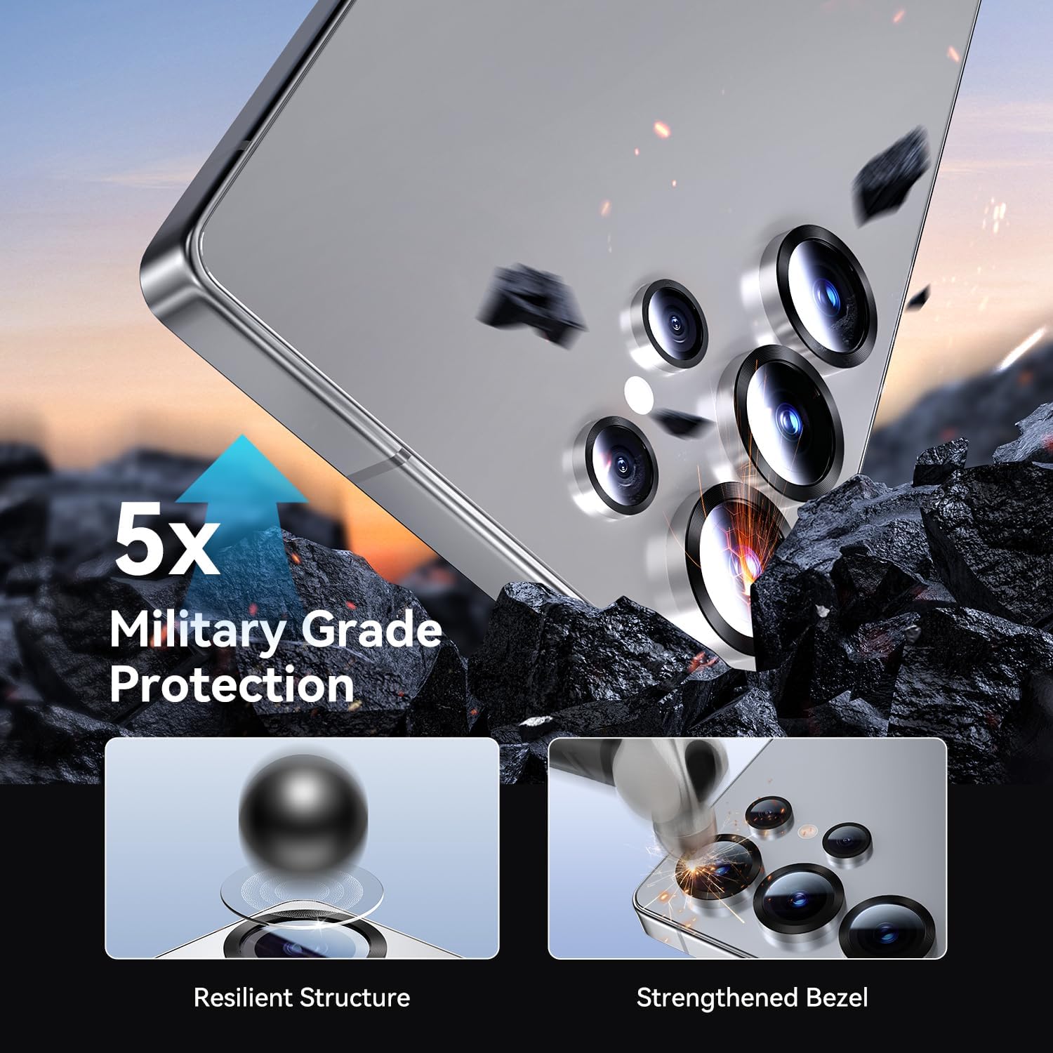 HelloDeere for Samsung S25 Ultra Camera Lens Protector, Easy Installation, Perfect Fit, 9H Shatterproof Tempered Glass with Aluminum Metal Circle Camera Protector, Case Friendly, Whitesilver