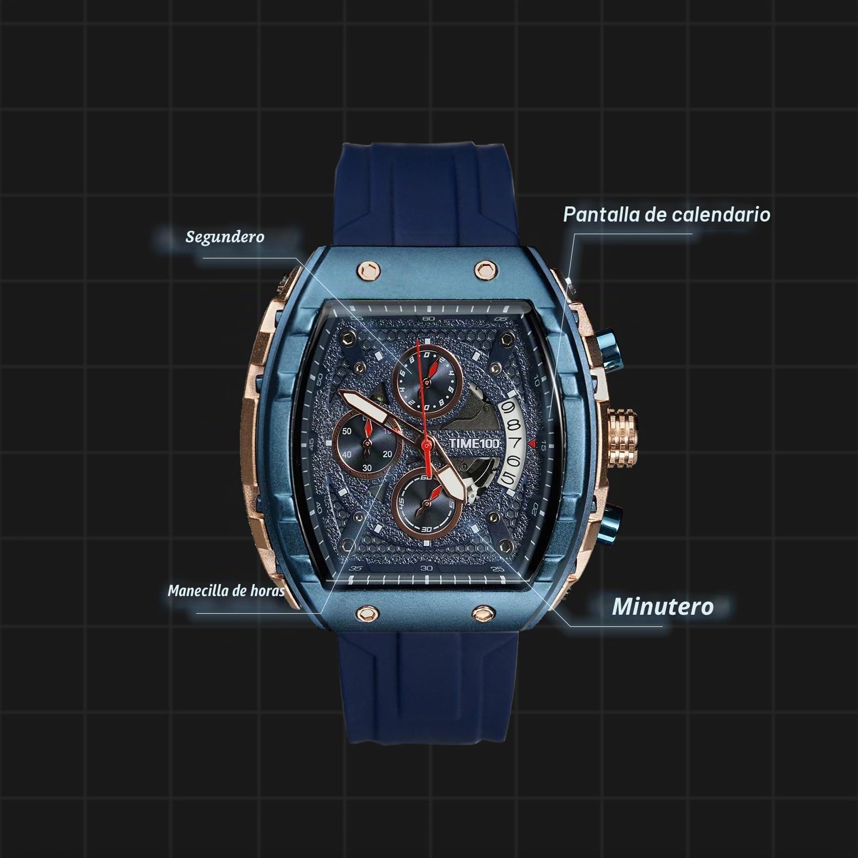 TIME100 Reloj para Hombre Analogico Cronógrafo Multifuncional Esfera de Cuarzo, Calendario,Multifuncional Estilo Elegante Deportivo Resistente al Agua