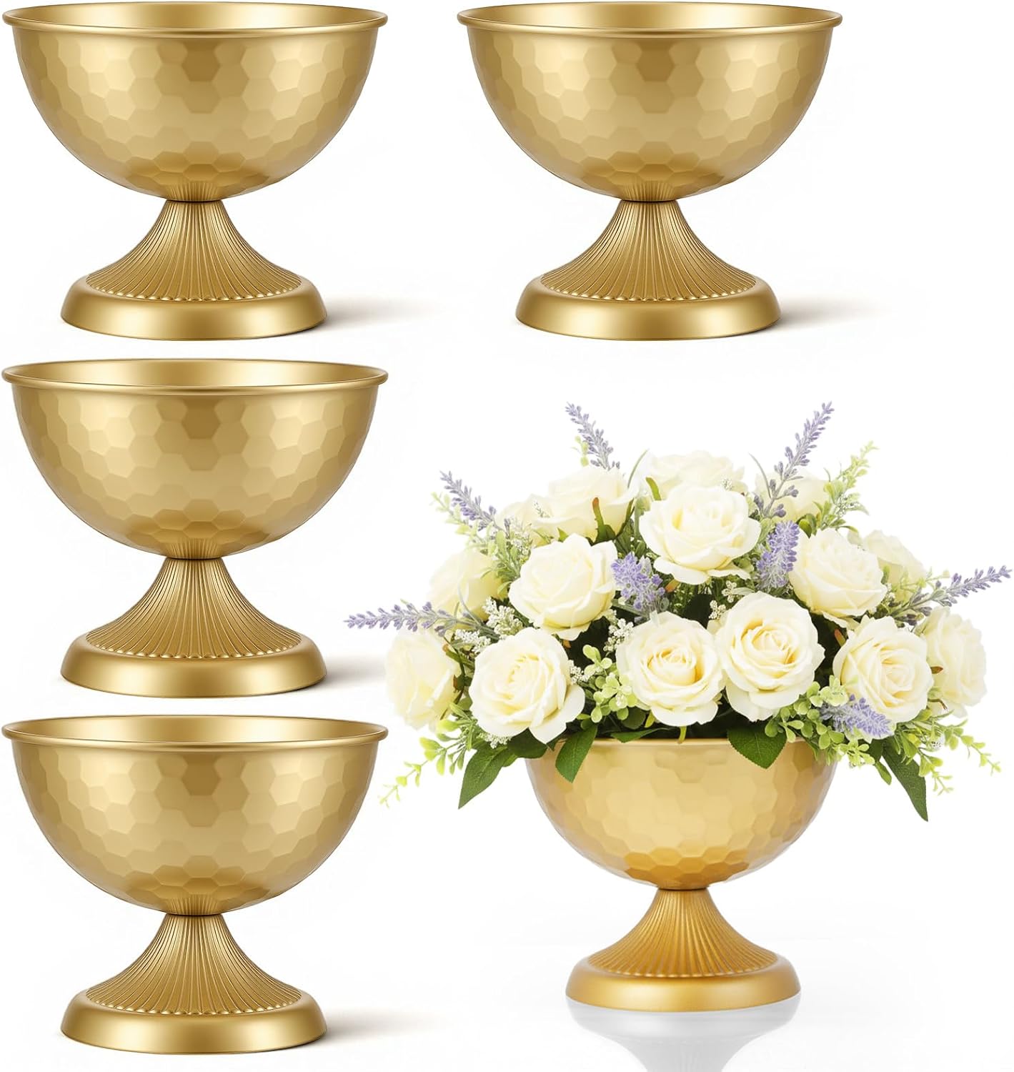 4 PCS Gold Vases for Wedding Centerpieces, 5.9'' W X 7.3'' H Gold Metal Vase Vintage Decorative Metal Vases Wedding Table Centerpieces Golds Compote Bowl Vase for Party Anniversary Reception Dinner