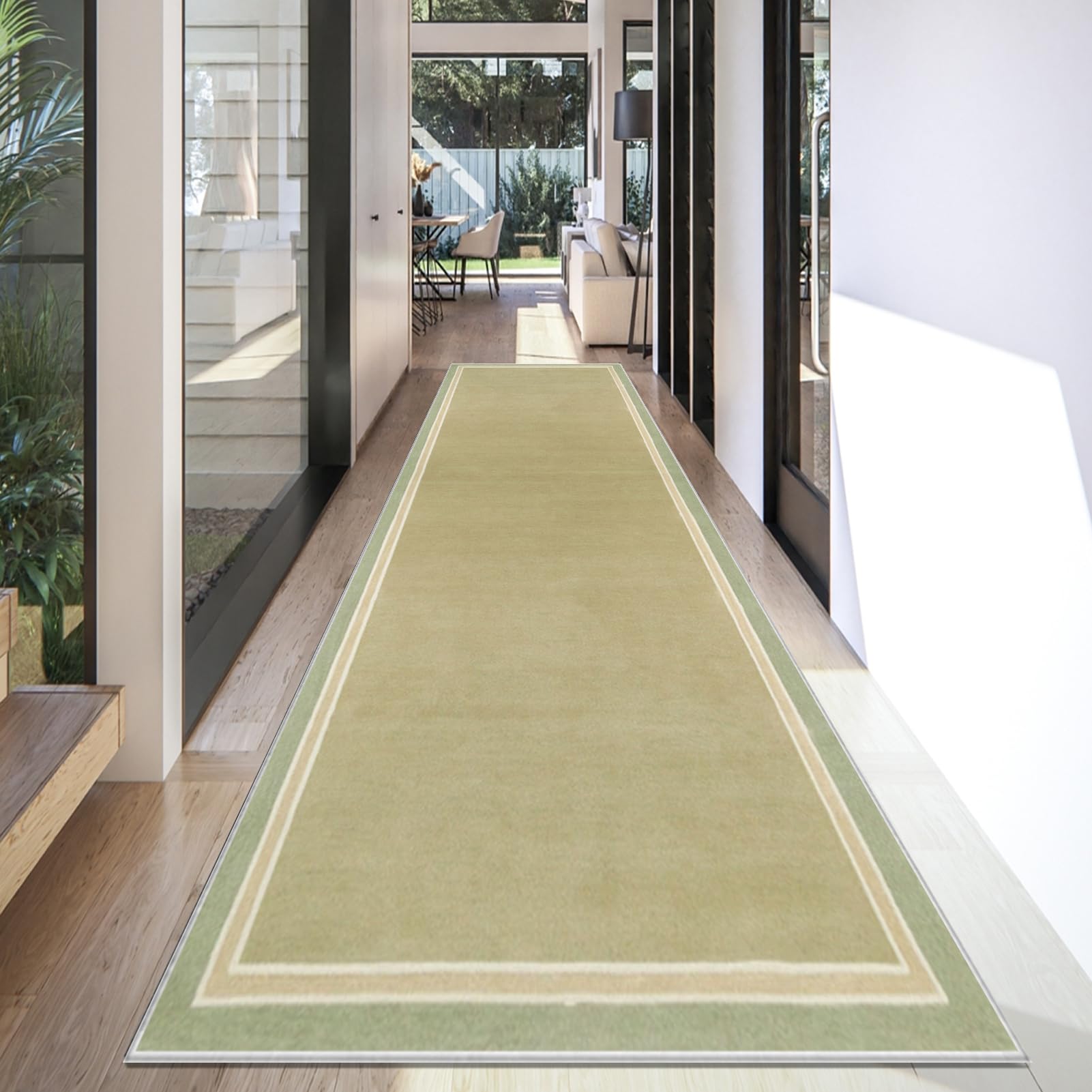 Long Runner Rugs for Hallways Non Slip Green Hallway Runner 100 x 500 cm Washable Carpet Runner for Kitchen, Heavy Duty Hall Runner Door Mat Absorbent Area Rug Low Pile Floor Carpet for Kitchen