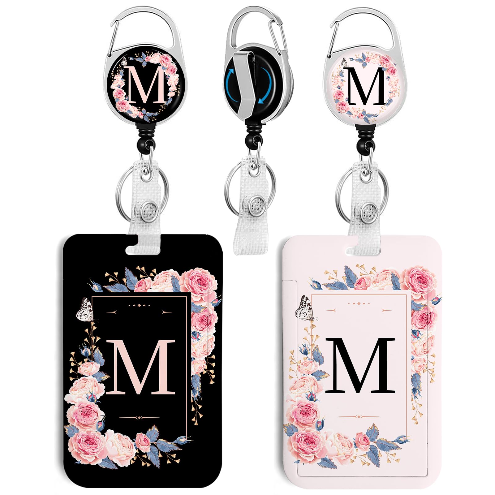 2 Pack A-Z Letter ID Badge Holder with Clip Badge Reels Retractable Heavy Duty,Keychain，ID Holder for School Nurse Office M