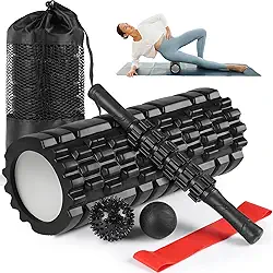 Kit Rolo de Liberação Miofascial, 5 Em 1 Rolo Massagem Liberação Miofascial com Bastão, Rolinho, Faixa de Alongamento, 2 Bolas de Massagem e Sacola de Transporte
