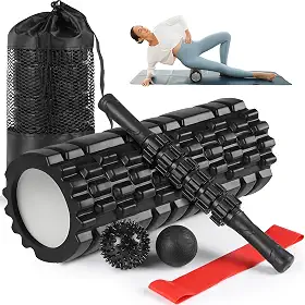 Kit Rolo de Liberação Miofascial, 5 Em 1 Rolo Massagem Liberação Miofascial com Bastão, Rolinho, Faixa de Alongamento, 2 Bolas de Massagem e Sacola de Transporte
