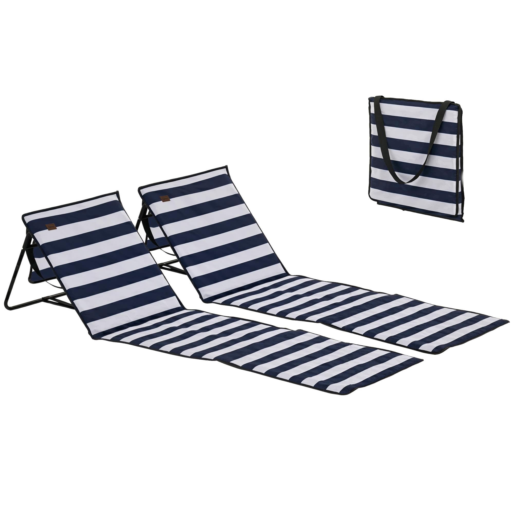 Outsunny Lot de 2 Tapis de Plage rembourré - Matelas de Plage - Dossier inclinable Multi-​Positions - Sangle de Transport Inclus - métal Polyester Blanc et Bleu