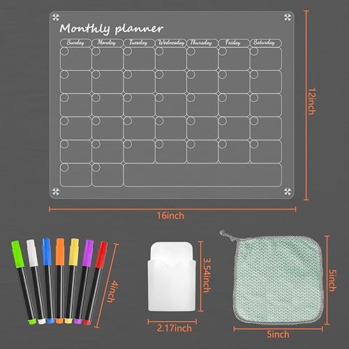 Miniatura 8 de Calendario magnético para refrigerador de 12 x 16 pulgadas, acrílico en blanco, pizarra de borrado en seco, calendario transparente para