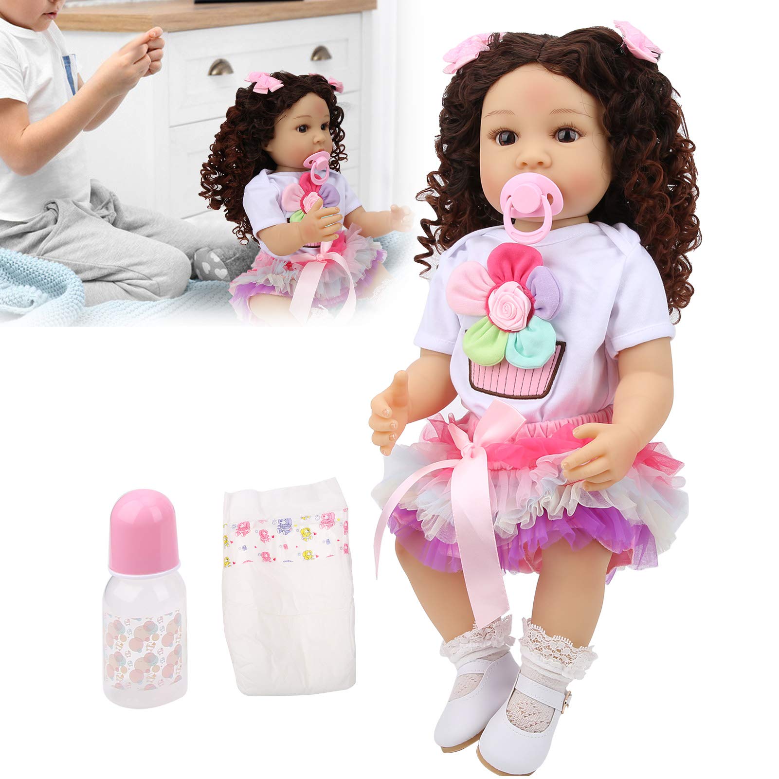 Generic Doll 55 Cm Miękkie Winylowe Kręcone Włosy Dziewczyna Zabawka dla Dzieci Prezent - Realistyczny Rozmiar Noworodka 21,7 Cala