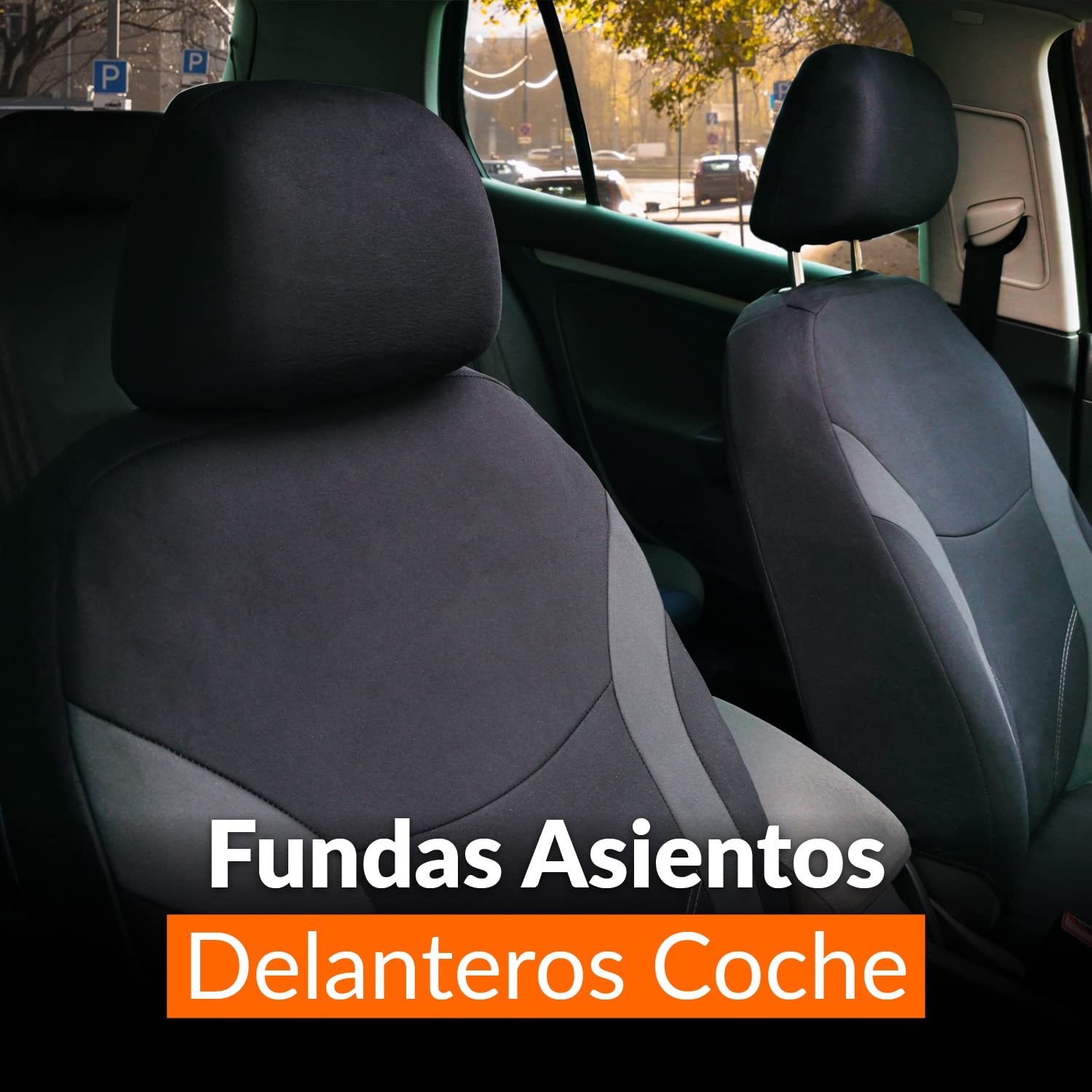 Upgrade4cars Fundas Asientos Delanteros Coche Universales Negro Gris | Protector de Asiento Delantero para Conductor y Copiloto | Accesorios Interior para Mujer y Hombre