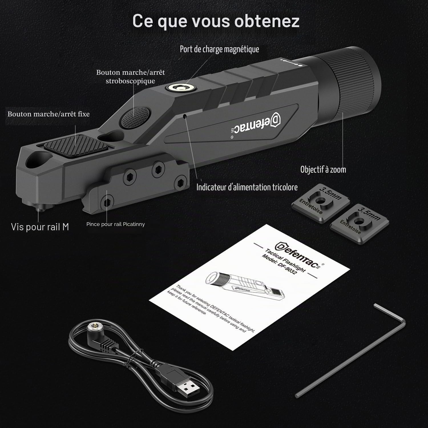 DEFENTAC Lampe torche tactique zoomable 1750lm momentanée et stroboscopique pour fusil, lampe d'arme avec interrupteur de pression intégré, compatible M-Lok et magnétique