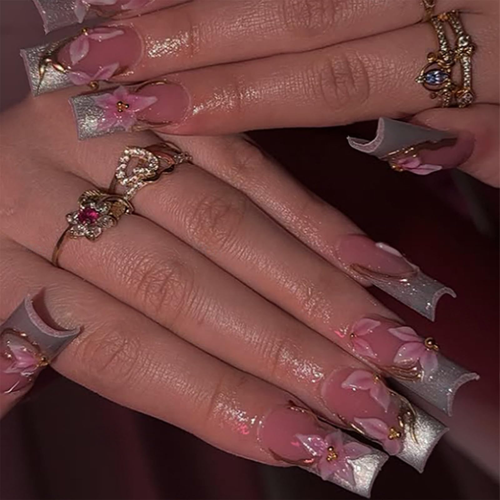 fexxkg Square Wearable Manicure Tips with 3D Flower Detail, Silver Glossy Floral Pieces, Home Manicure Set for Pa