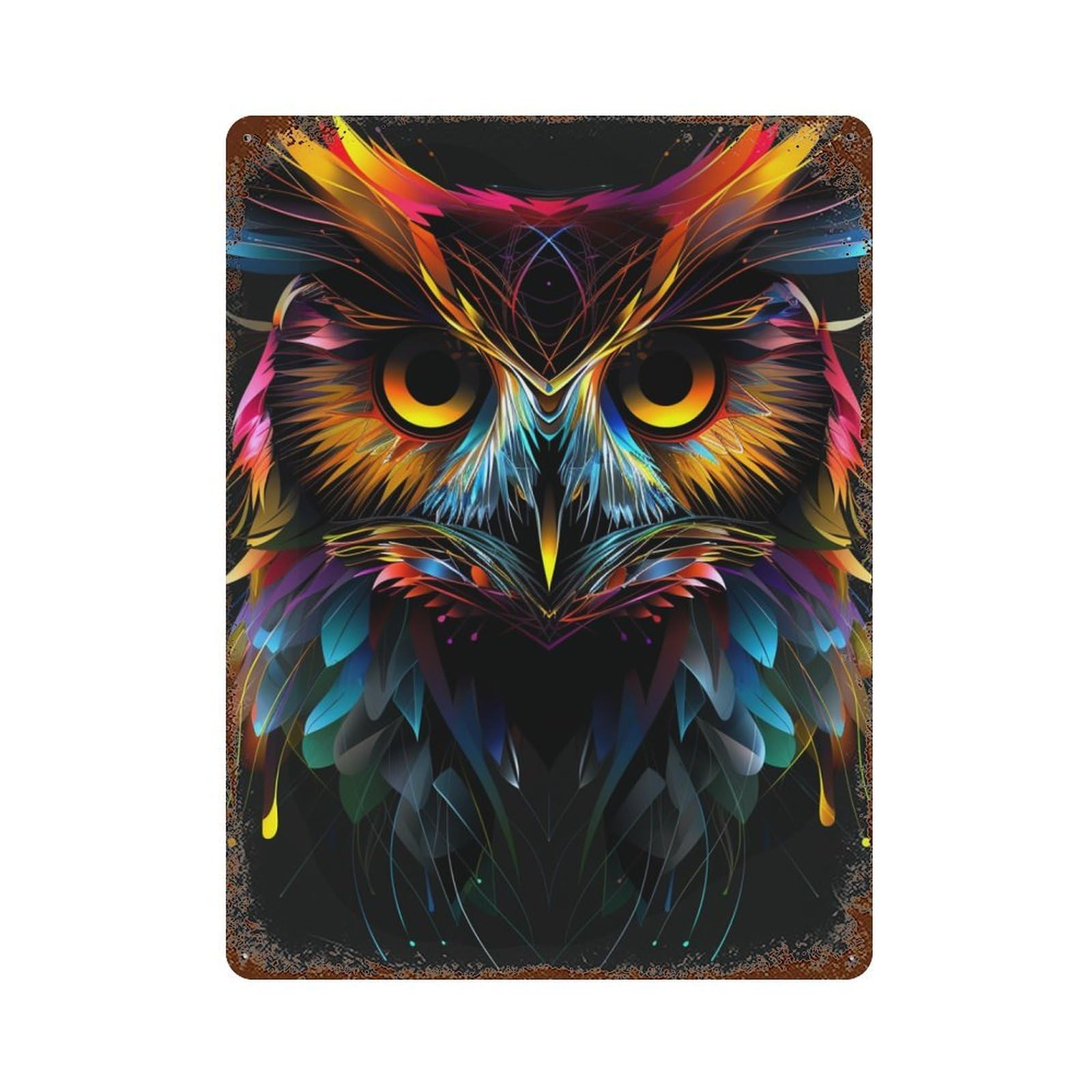 Garage Style Colorful Owl Art Print-7 Weathered Tin Sign 15.7"x11.8", Shabby Chic Decor for Bar And Workshop
