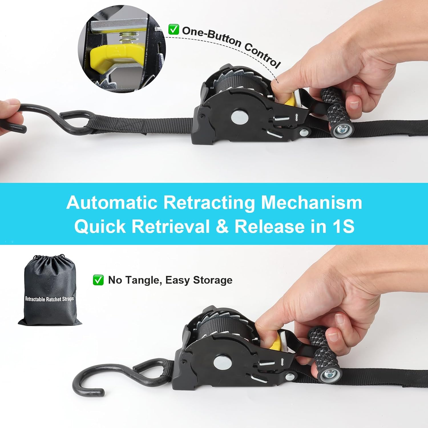 Heavy Duty Retractable Ratchet Straps 1inx10.8ft WanDwel Auto Retracting Tie Down Straps with 1500LBs Break Strength, Moving Accessories for Motorcycle, Truck Bed, Cargo Trailer, Kayaks, Car Roof