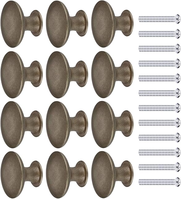 JIZZU 12Pcs Dark Bronze Antique Brass Door Knob with Screws, Round Vintage Drawer Knobs Diameter 30mm, Mushroom Shaped Furniture Knobs Likes Cabinet Knobs, Wardrobe Handles, Kitchen Cupboard Handles