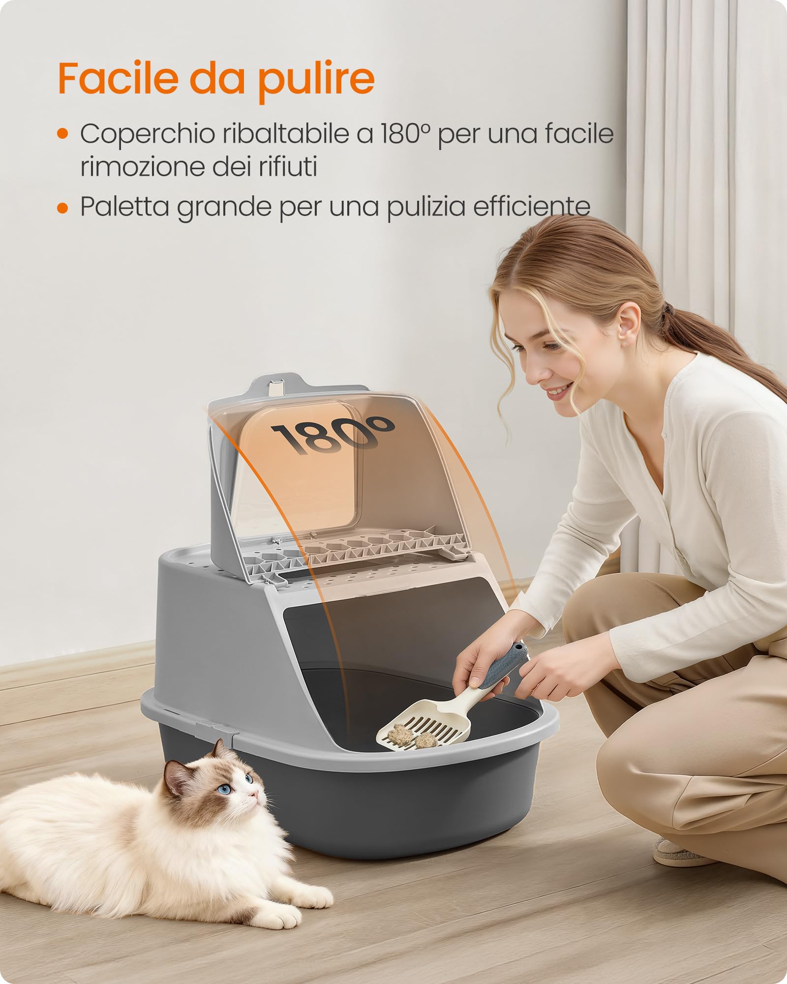 Feandrea Lettiera per Gatti XXL, Toilette per Gatti fino a 15 kg, con Coperchio, Paletta e Spazzola, Grigio Tortora e Grigio Ardesia PPT011GN01
