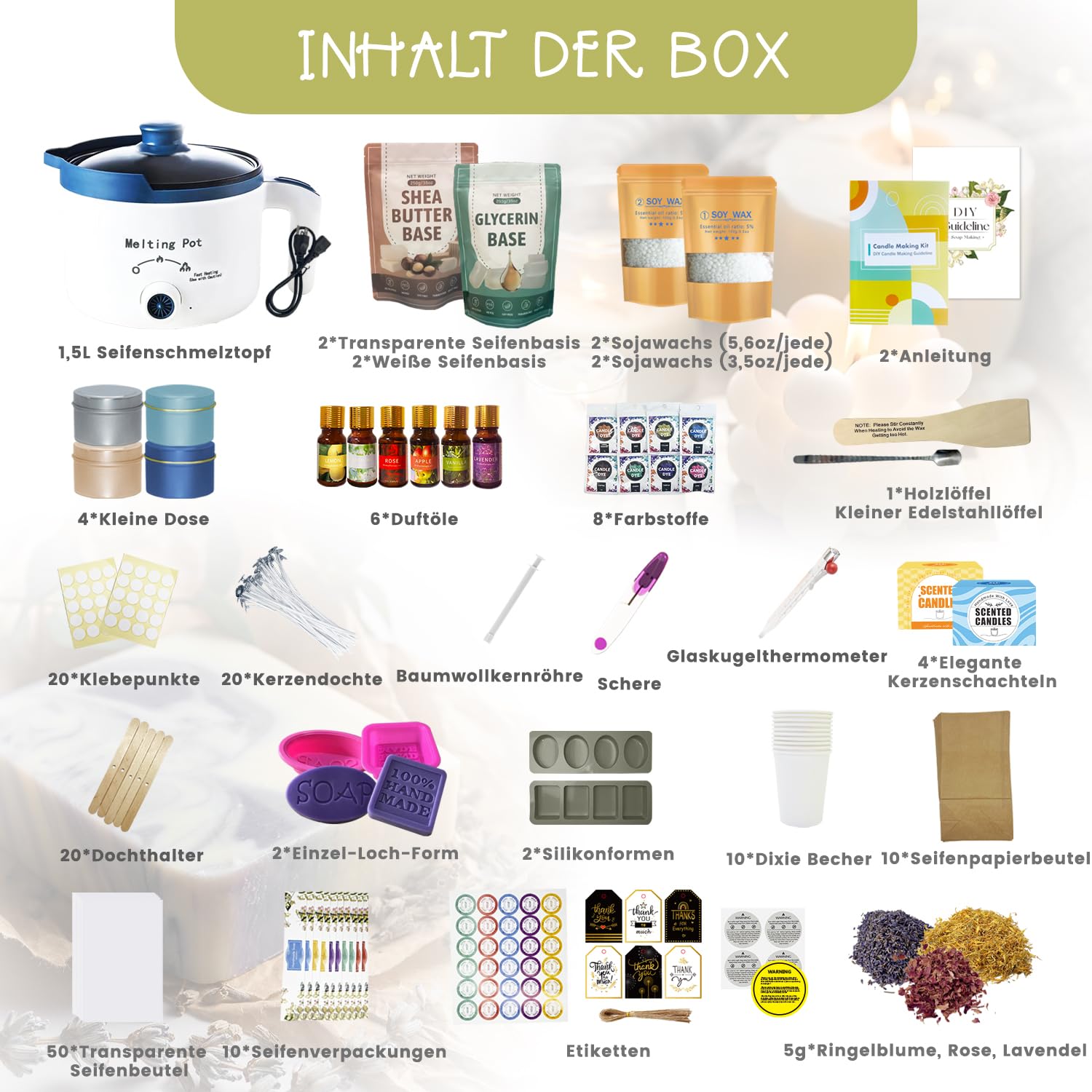 LFISGNN 2-in-1 Kerzen- und Seifenherstellungsset für Anfänger, komplettes DIY-Bastelset zur Herstellung handgefertigter Seifenstangen und Duftkerzen mit Schmelztopf und Zubehör