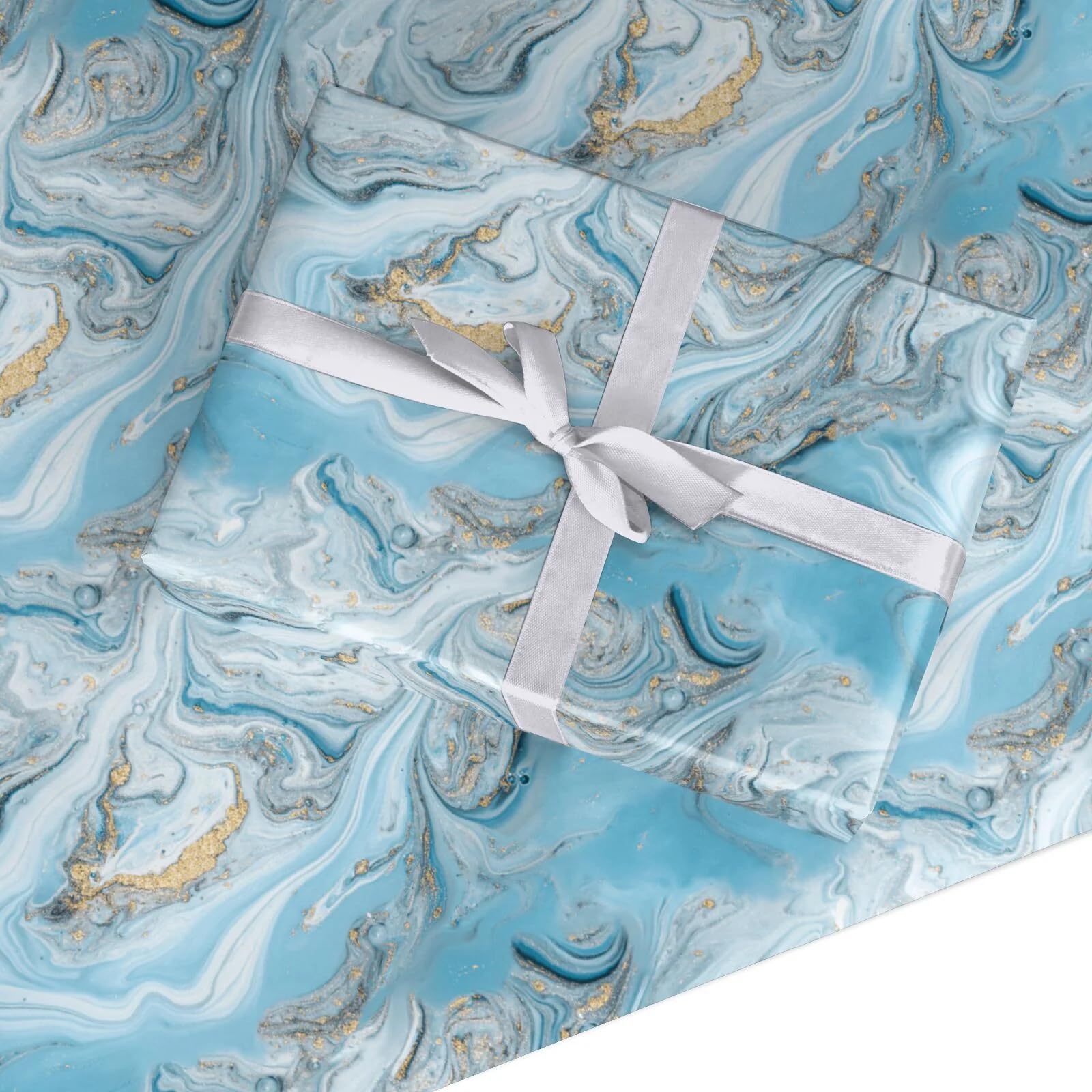 Marble Wrapping Paper – Gift Wrap with Blue and Gold Effect Swirl Design – For Men, Women – For Birthday, Christmas, Anniversary, Wedding – by Dyefor - Large Roll (50cm x 3.6m)