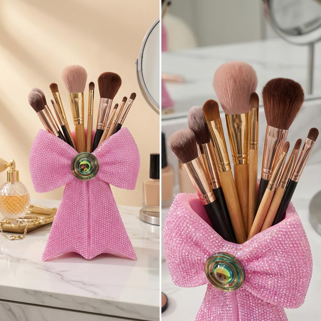 Pink Bow Glitter Vase – 3-in-1 Flower Planter, Makeup Brush Holder & Desk Decor for Vanity, Bedroom or Gift